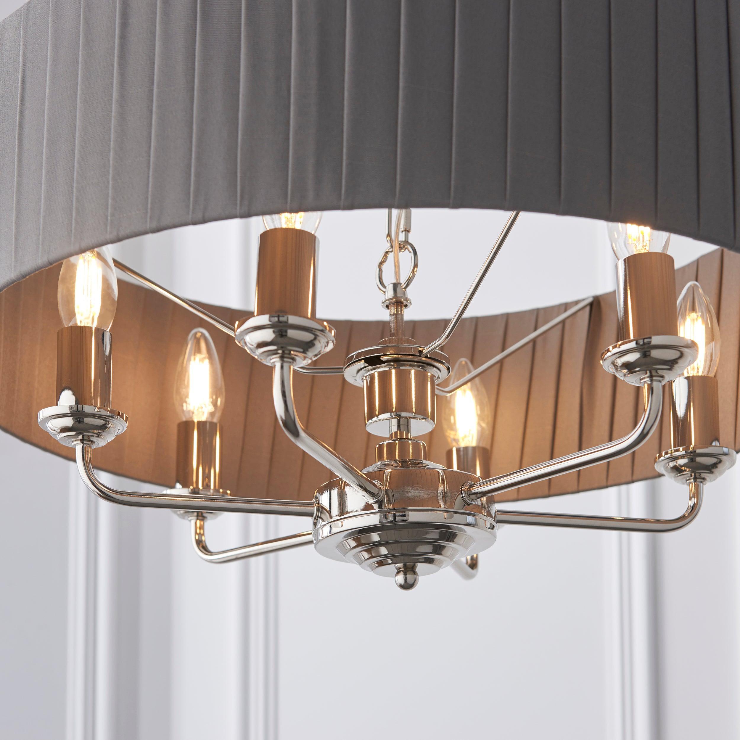Endon Highclere Nickel 6 Light Pendant With Charcoal Shade-Ceiling Pendant Lights-Endon Lighting Hallway Lighting Close upTiffany Lighting Direct