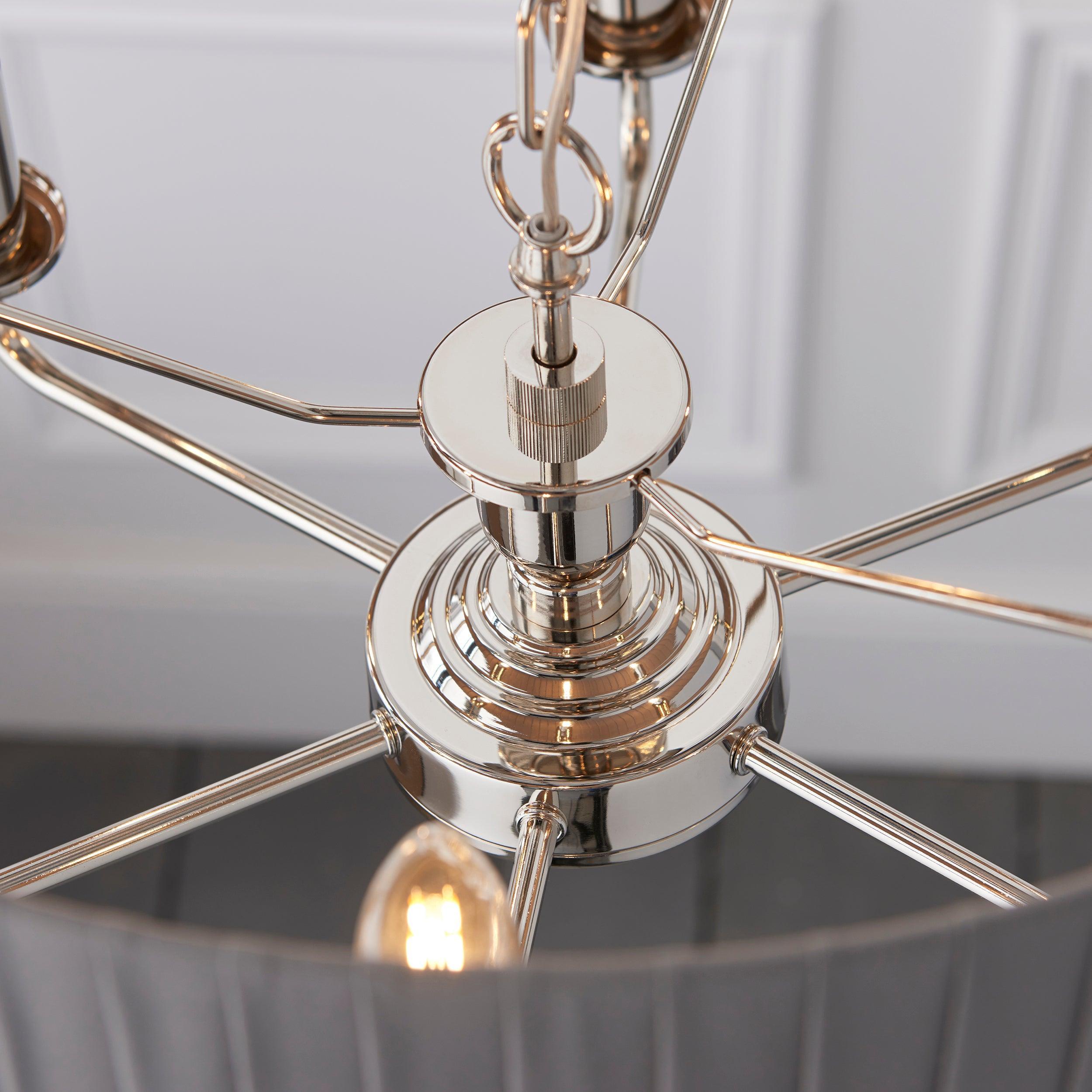 Endon Highclere Nickel 6 Light Pendant With Charcoal Shade-Ceiling Pendant Lights-Endon Lighting Bedrooom Lighting close up Tiffany Lighting Direct