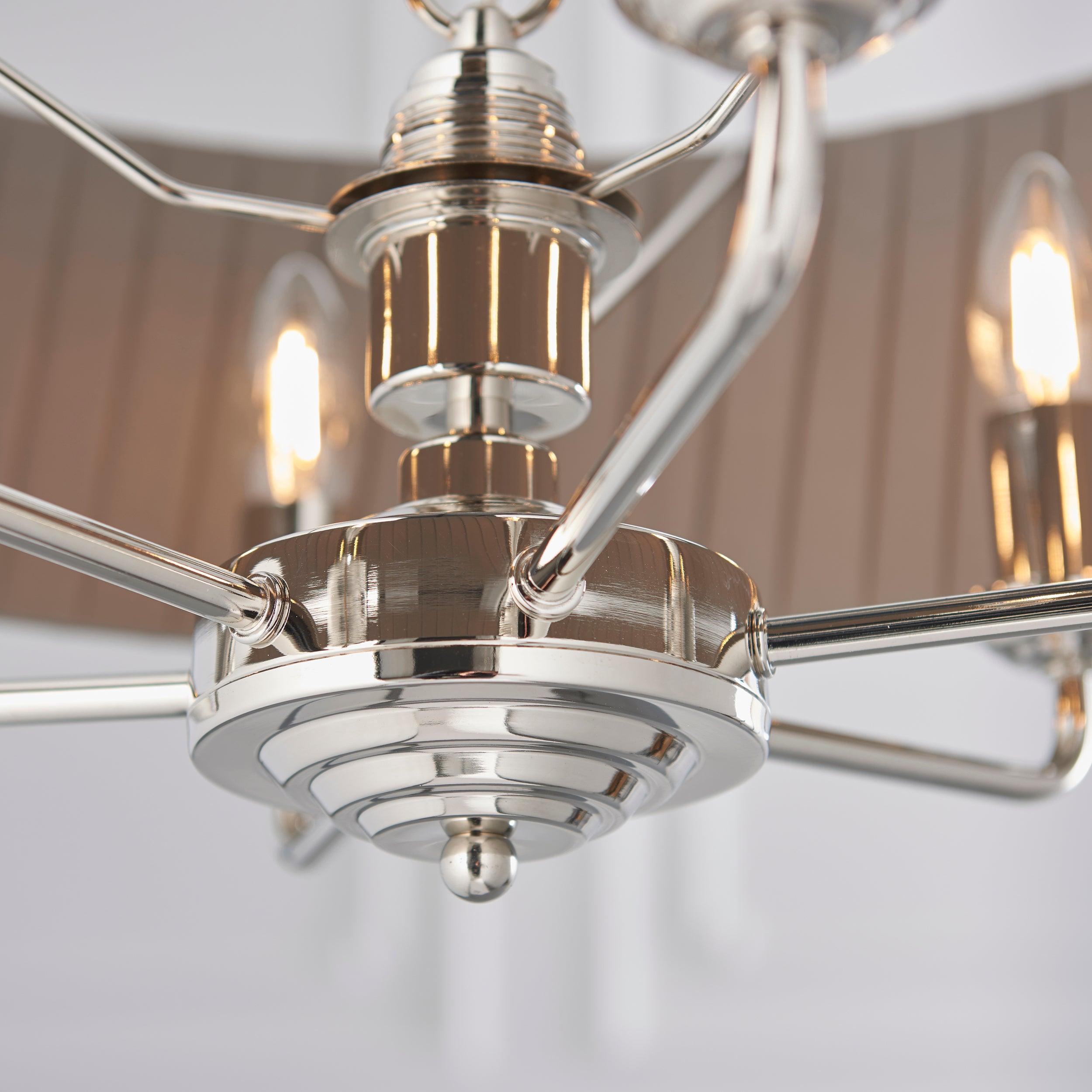 Endon Highclere Nickel 6 Light Pendant With Charcoal Shade-Ceiling Pendant Lights-Endon Lighting Bedrooom Lighting Wide ImageTiffany Lighting Direct