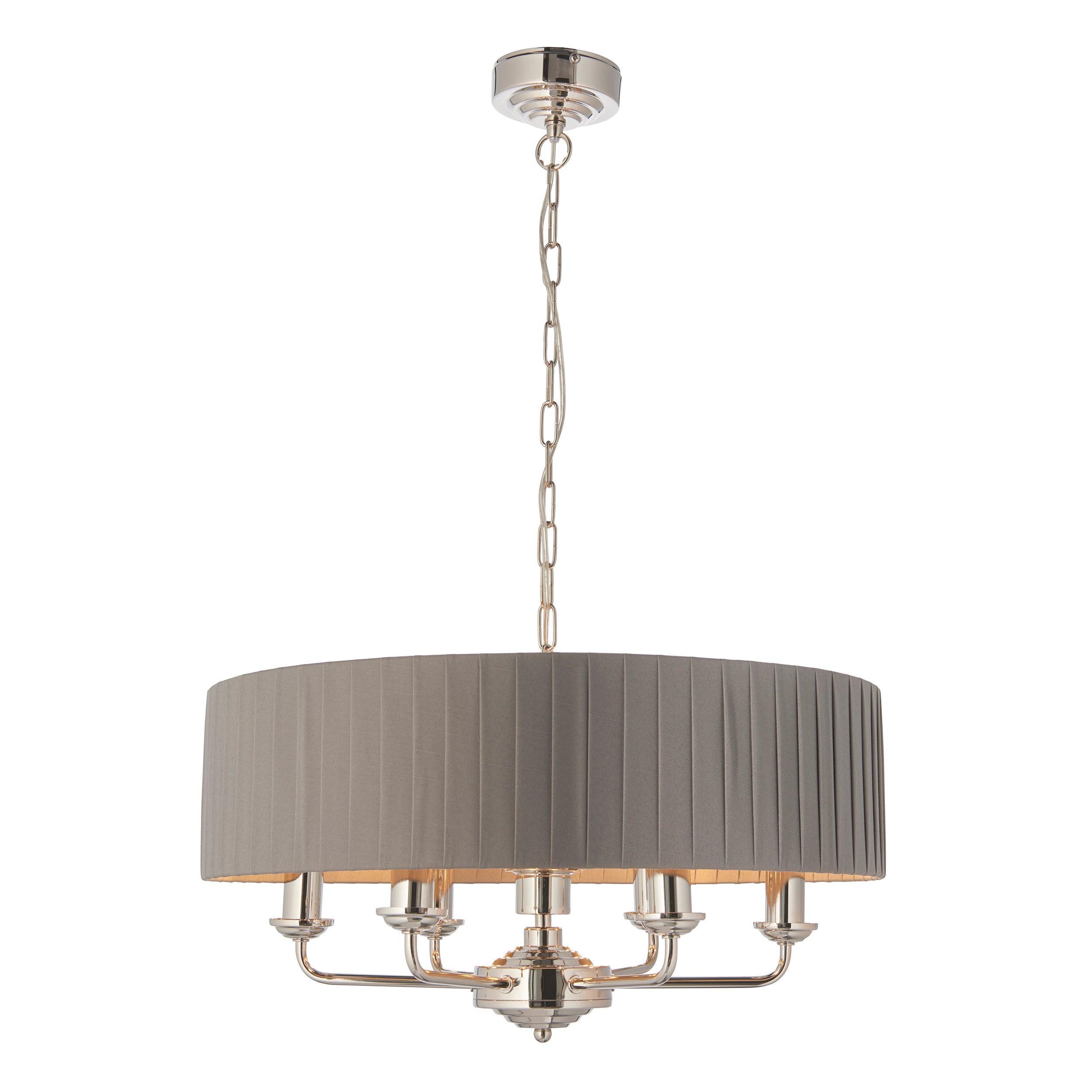 Endon Highclere Nickel 6 Light Pendant With Charcoal Shade-Ceiling Pendant Lights-Endon Lighting Living room light close up Tiffany Lighting Direct