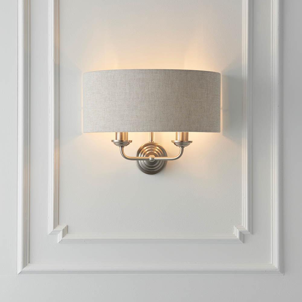 Highclere Brushed Chrome Wall Light - Natural Linen Shade-OB-180926