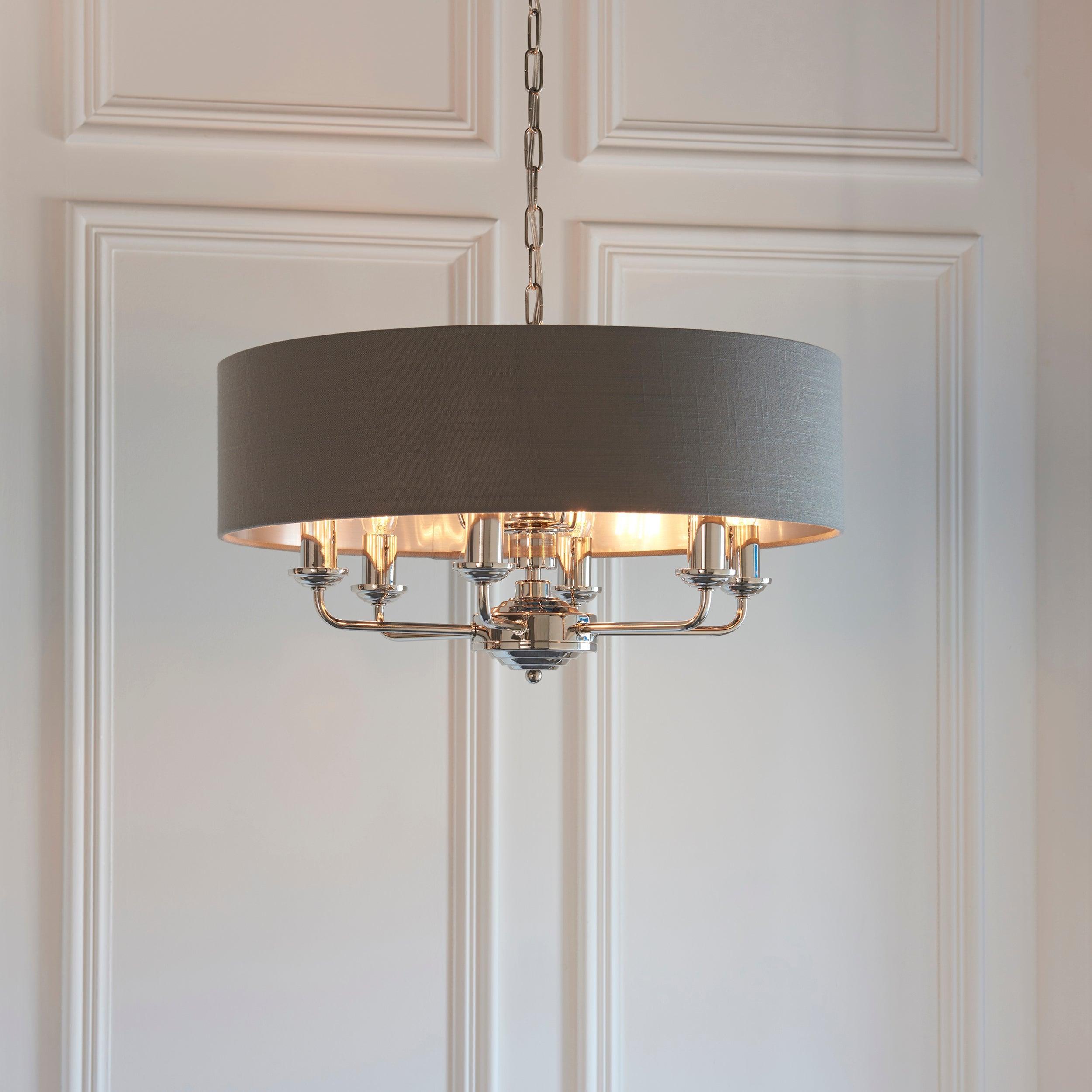 Highclere Bright Nickel & Charcoal Shade 8 Light Pendant-Ceiling Pendant Lights-Endon Lighting living room close. up unlit Tiffany Lighting Direct