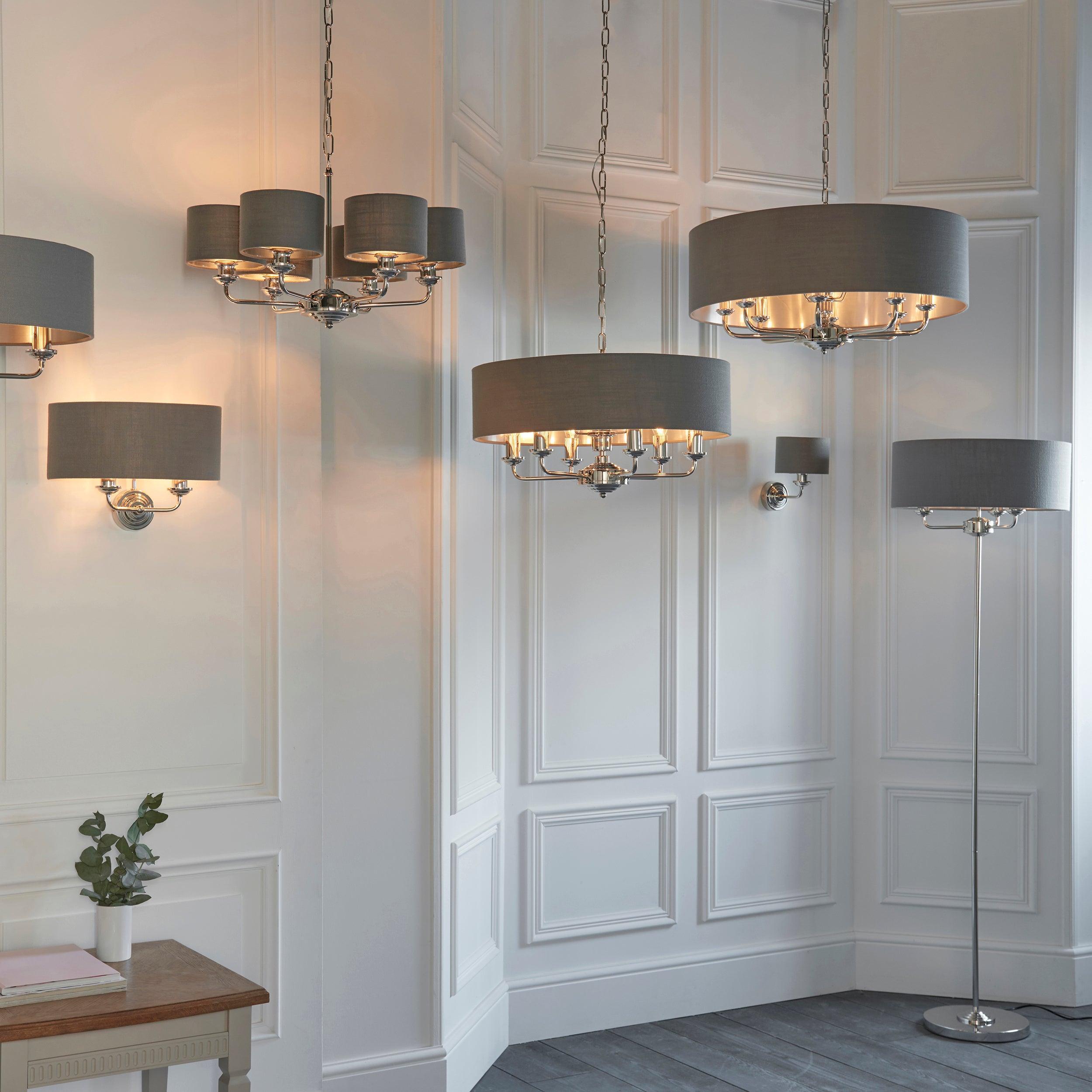 Highclere Bright Nickel & Charcoal Shade 8 Light Pendant-Ceiling Pendant Lights-Endon Lighting hallway lighting photo Tiffany Lighting Direct