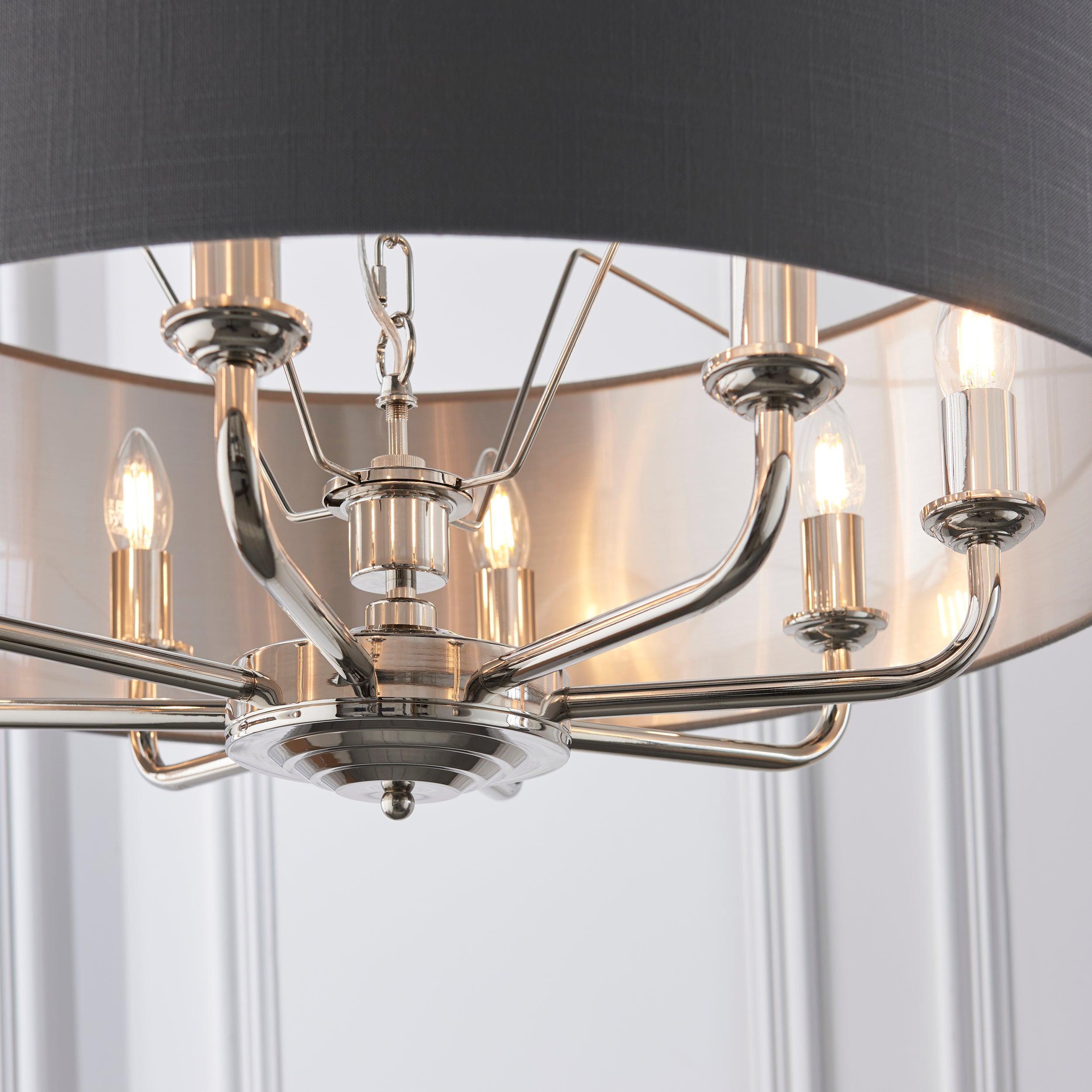 Highclere Bright Nickel & Charcoal Shade 8 Light Pendant-Ceiling Pendant Lights-Endon Lighting Hallway Lighting Close upTiffany Lighting Direct
