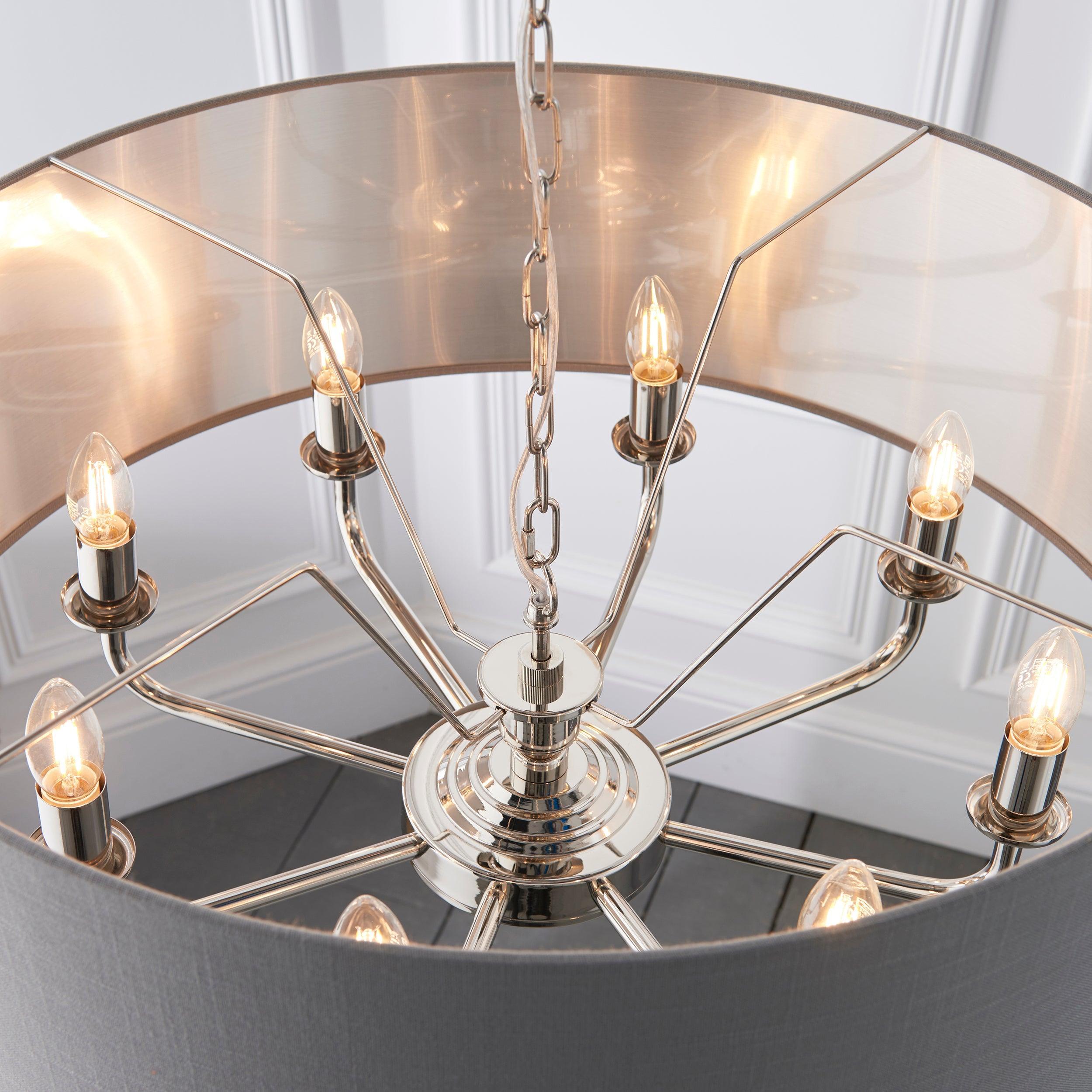 Highclere Bright Nickel & Charcoal Shade 8 Light Pendant-Ceiling Pendant Lights-Endon Lighting Hallway Lighting Family Image Tiffany Lighting Direct
