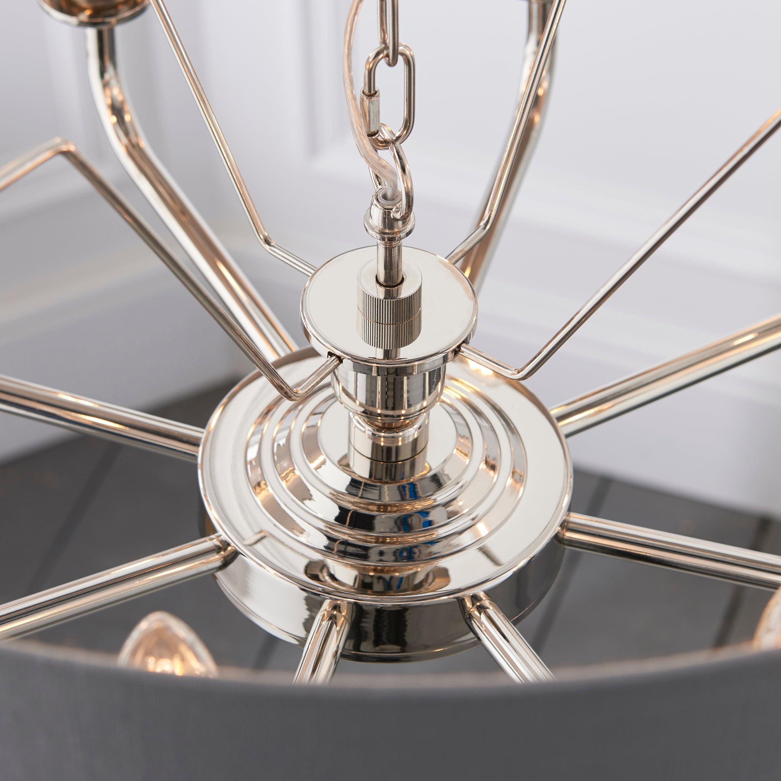 Highclere Bright Nickel & Charcoal Shade 8 Light Pendant-Ceiling Pendant Lights-Endon Lighting Bedrooom Lighting close up Tiffany Lighting Direct