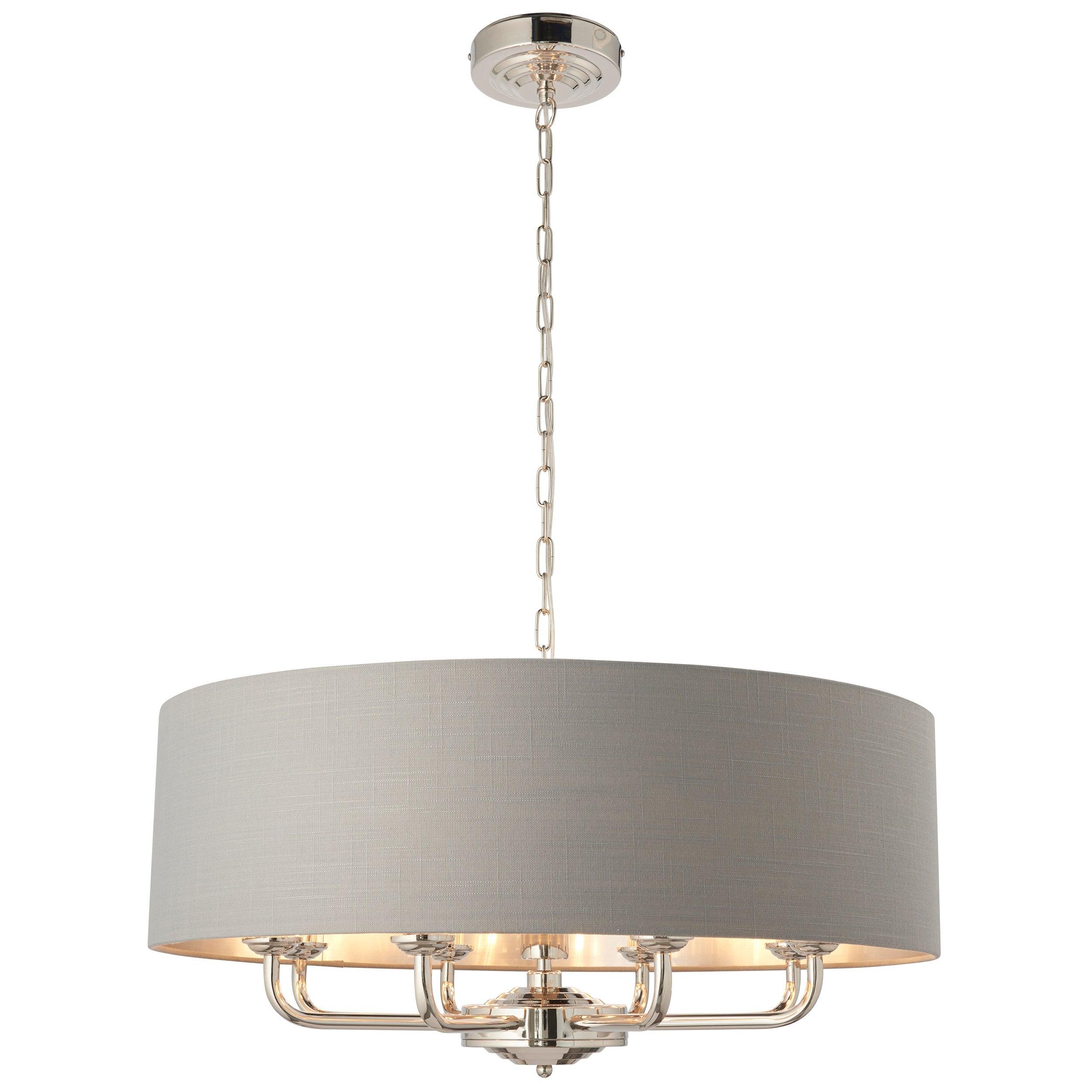 Highclere Bright Nickel & Charcoal Shade 8 Light Pendant-Ceiling Pendant Lights-Endon Lighting Living room light close up Tiffany Lighting Direct