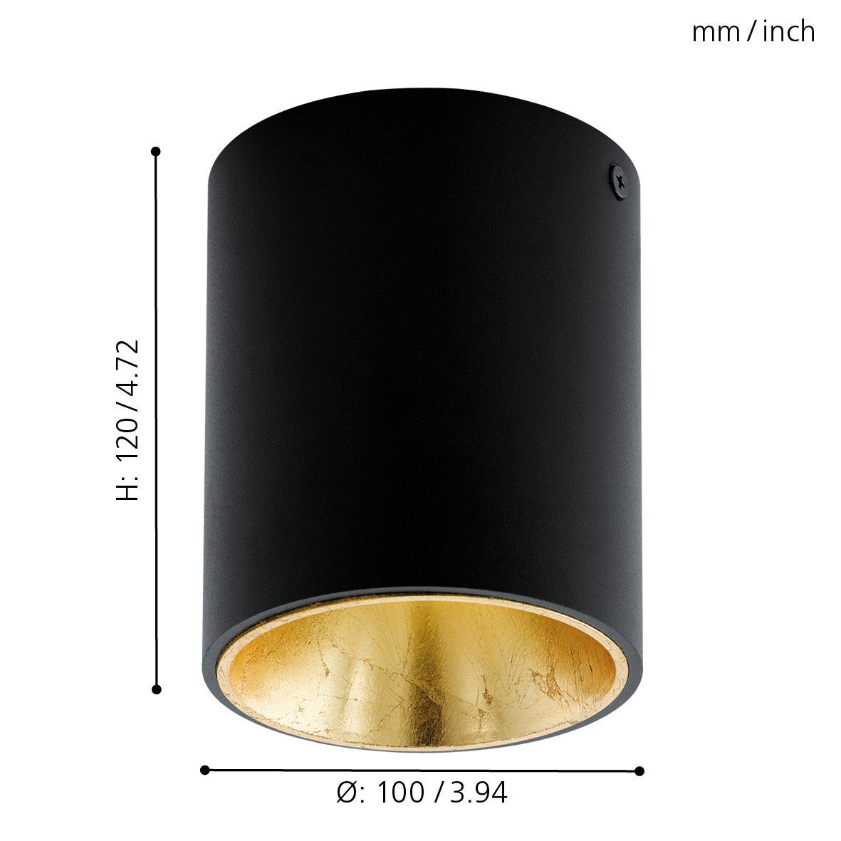 eglo polasso flush led black gold cylinder ceiling light living room close up