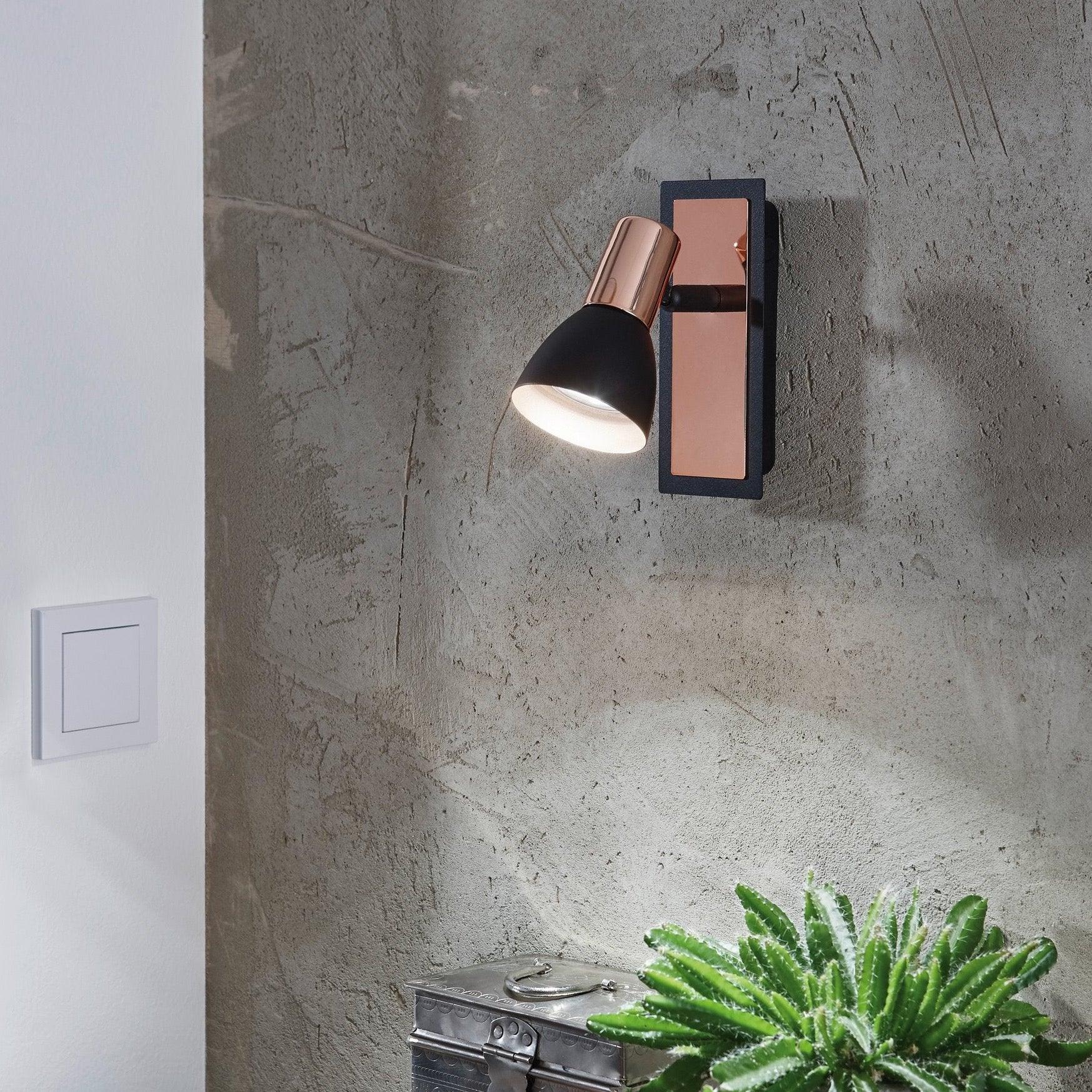 eglo barnham copper black wall spotlight