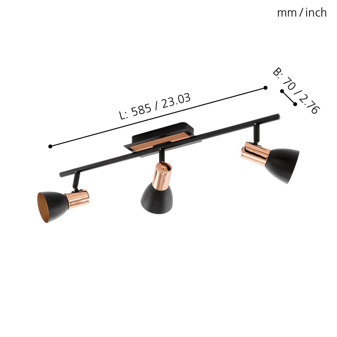 eglo barnham copper black 3 light bar spotlight living room close up