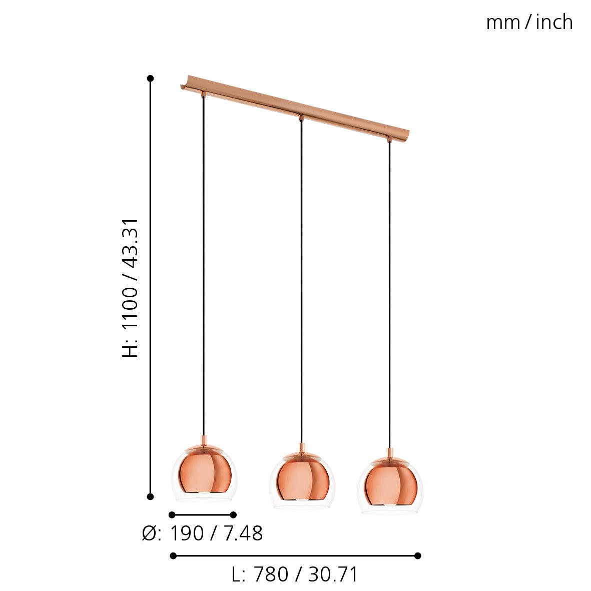 eglo rocamar 3 light clear glass copper ceiling pendant kitchen lighting