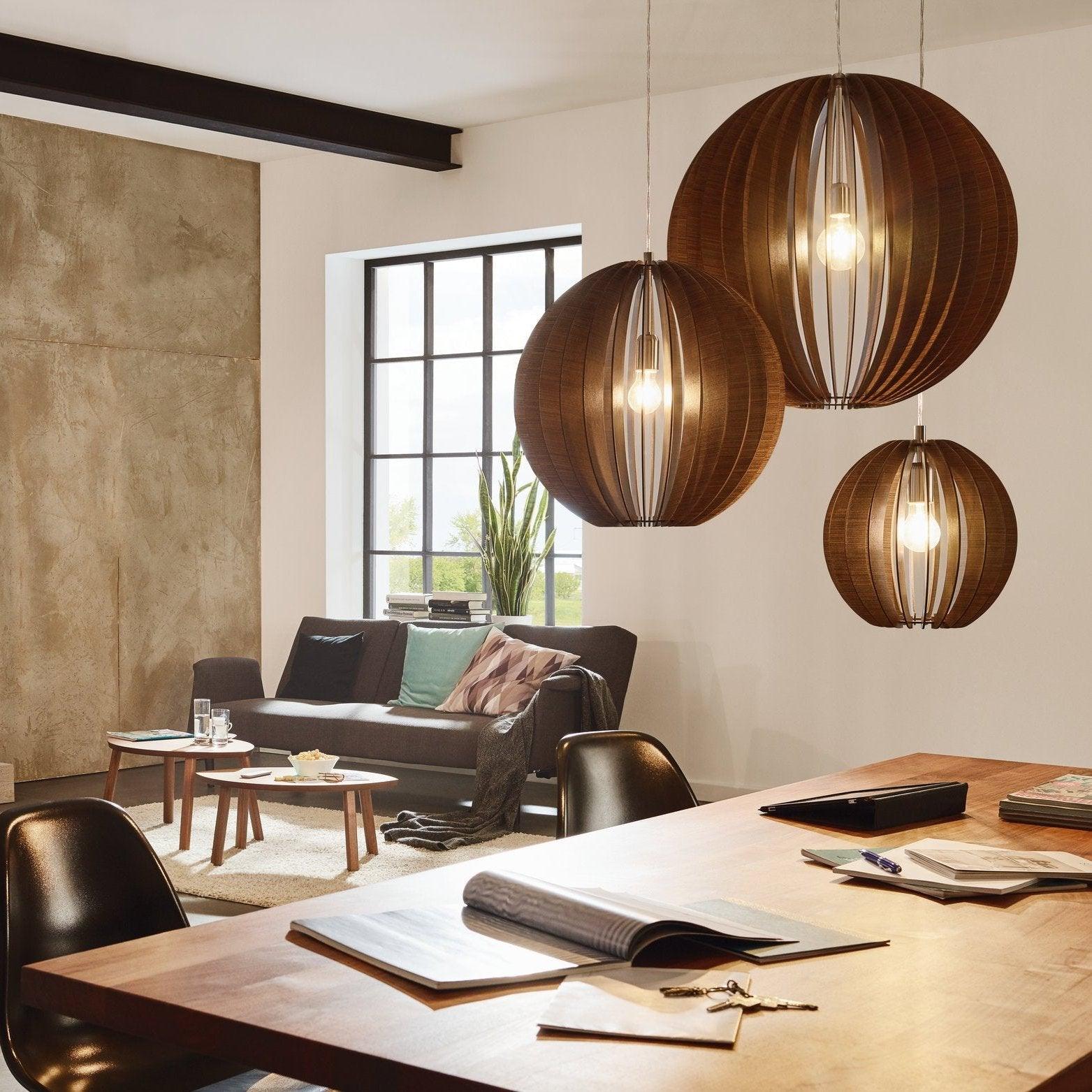eglo cossano round dark wood slat ceiling pendant 30cm