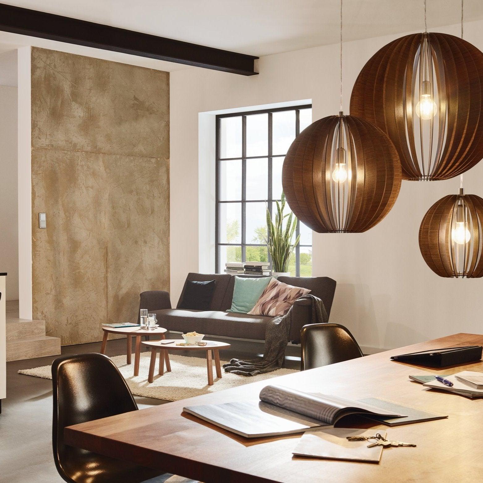 eglo cossano round dark wood slat ceiling pendant 50cm