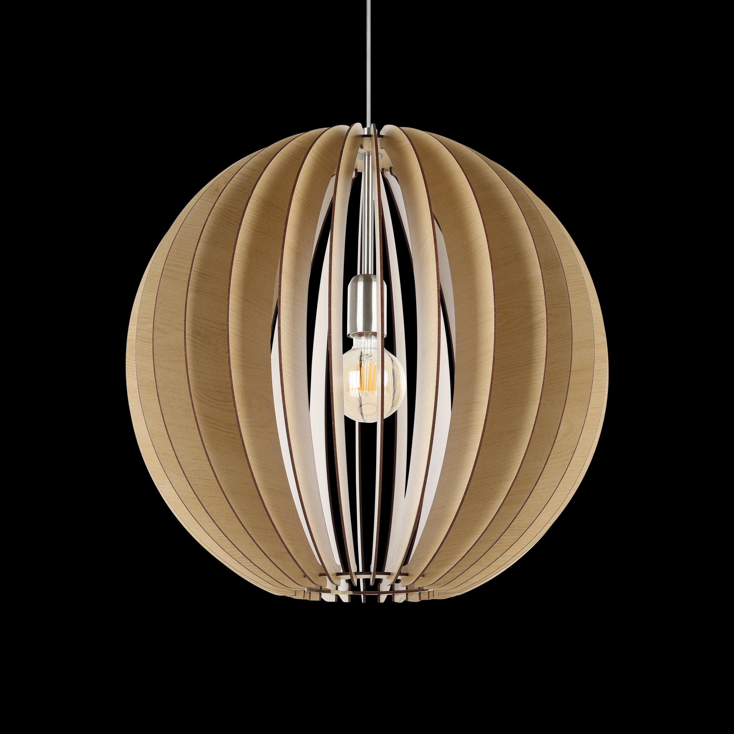 eglo cossano round light wood slat ceiling pendant 50cm living room close up