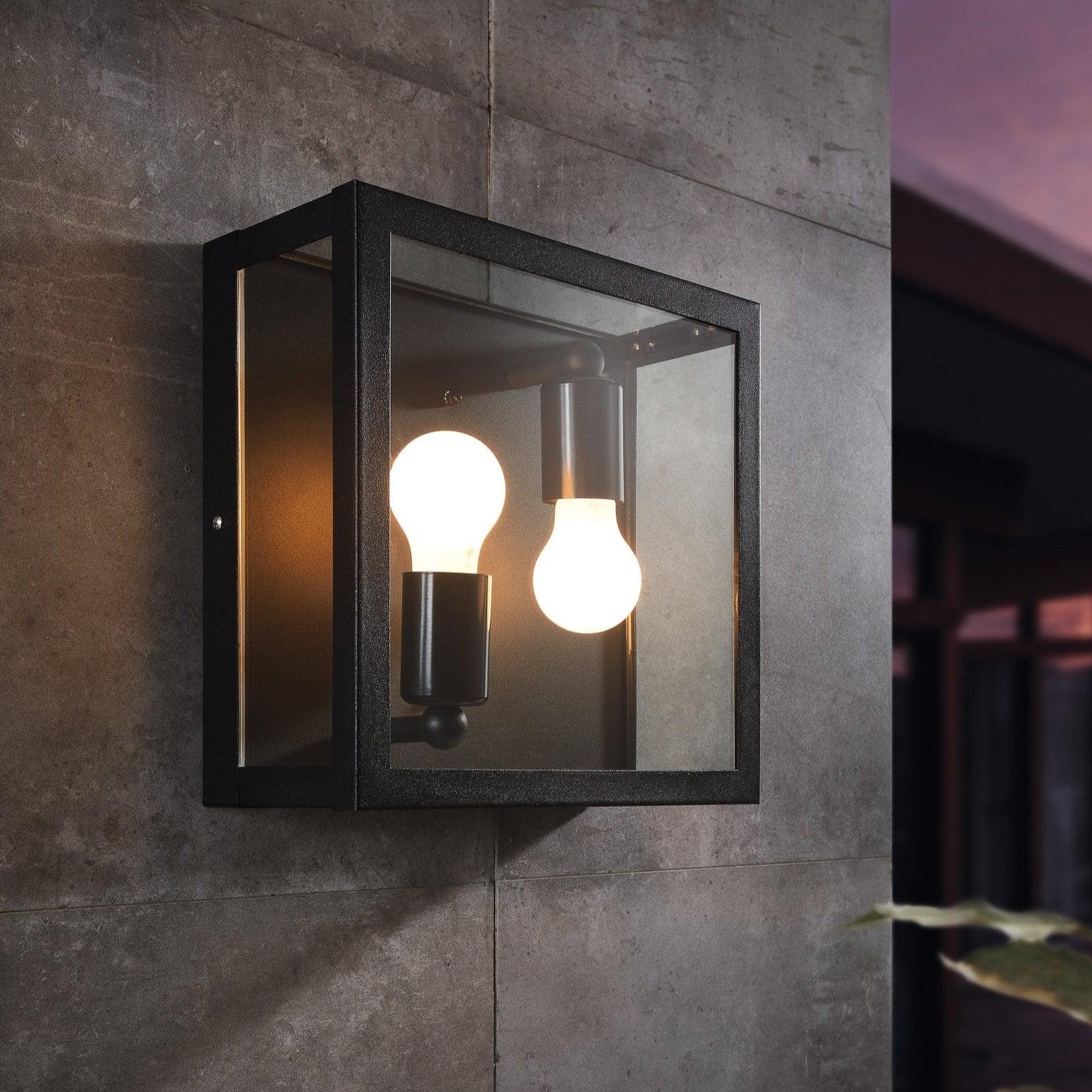 eglo alamonte 1 ip44 black metal framed 2 light outdoor wall light