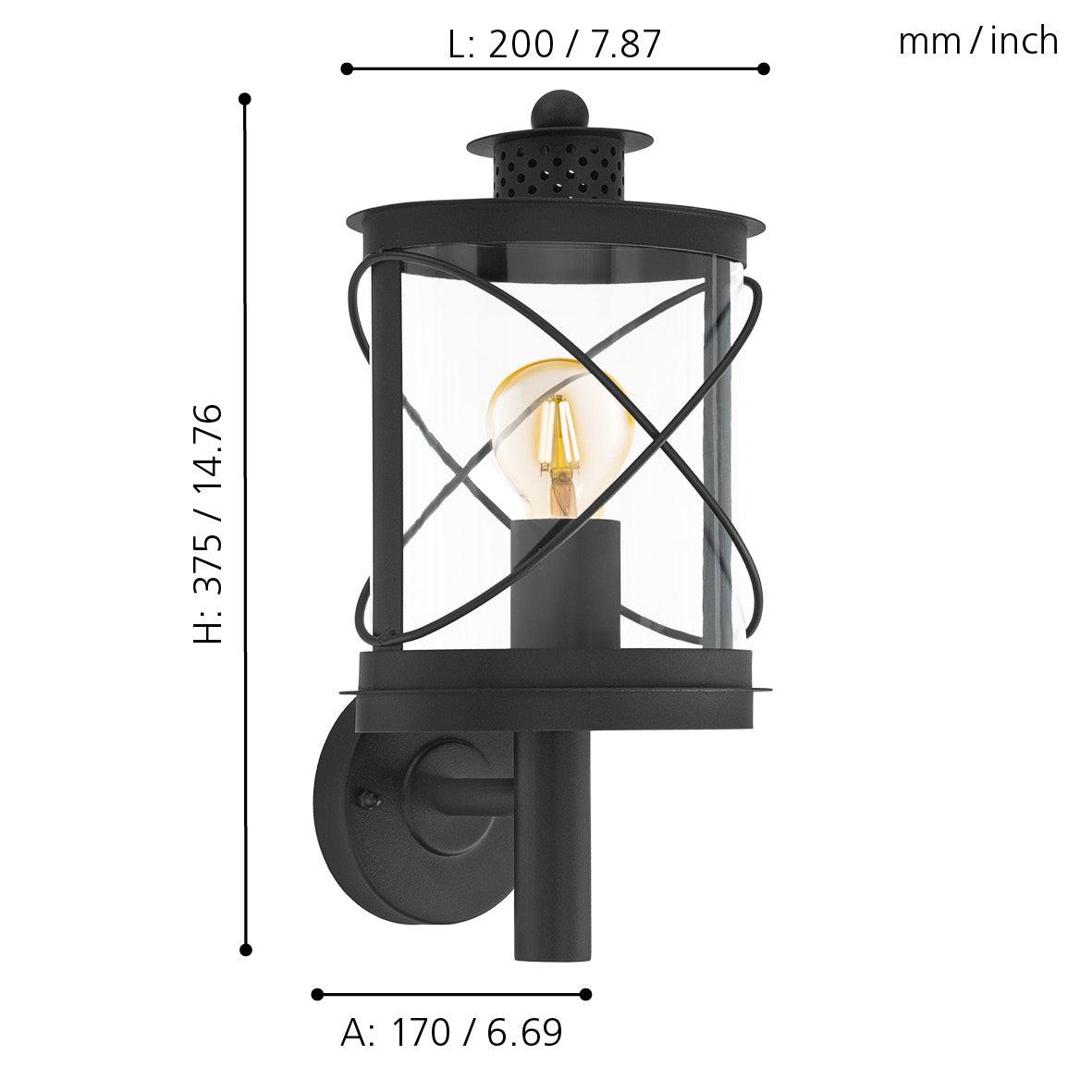eglo hilburn black lantern style ip44 outdoor wall light living room close up