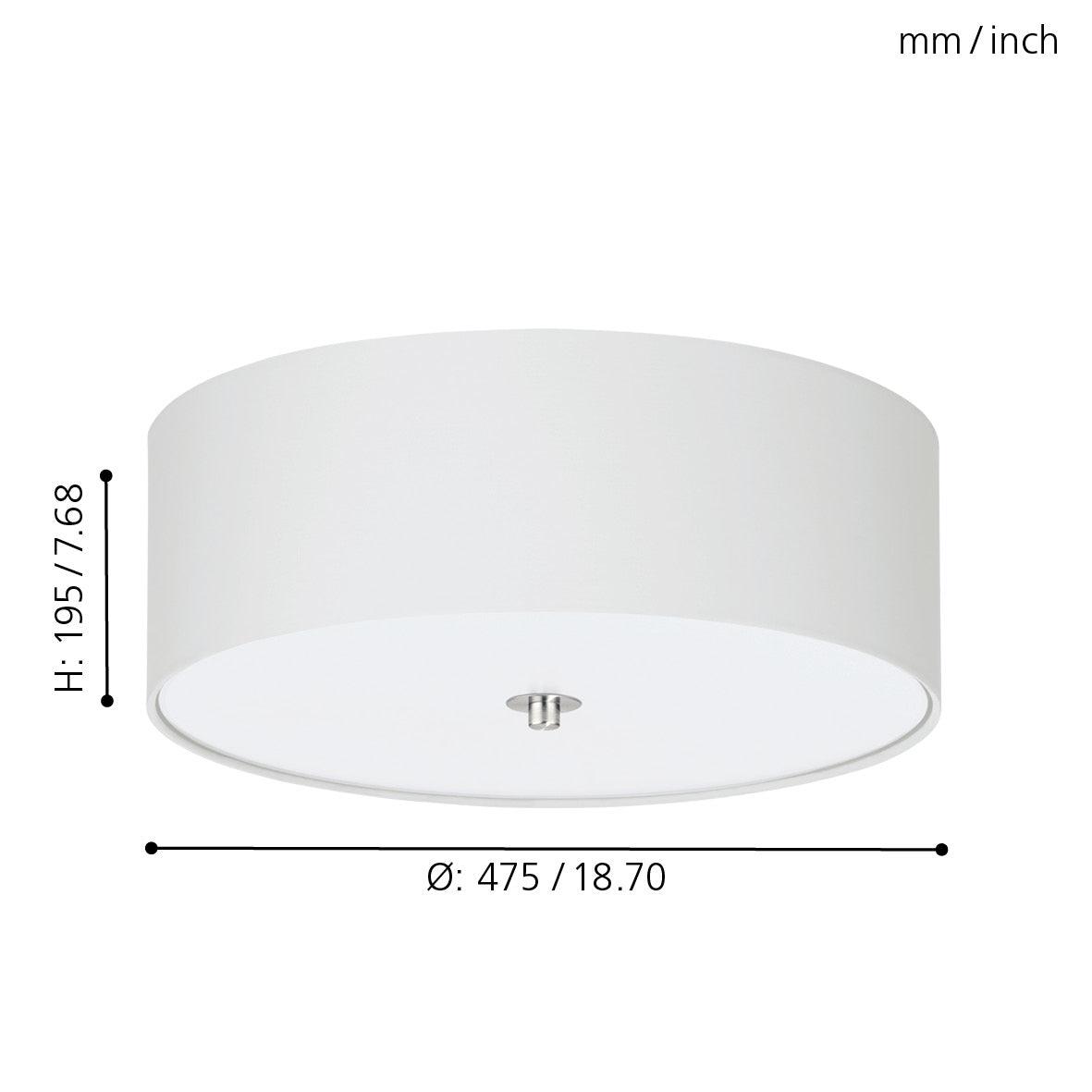 eglo pasteri flush 47 5cm white fabric drum shade with glass diffuser living room close up
