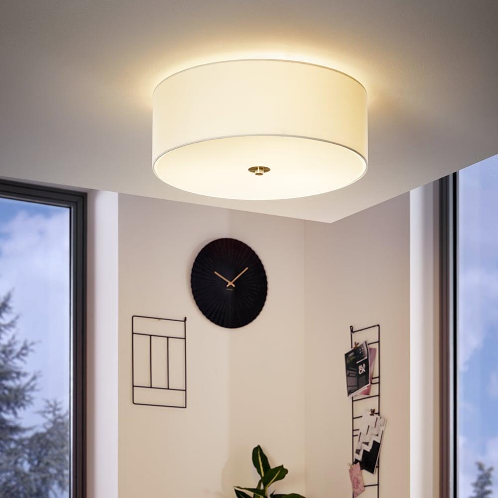 eglo pasteri flush 47 5cm white fabric drum shade with glass diffuser