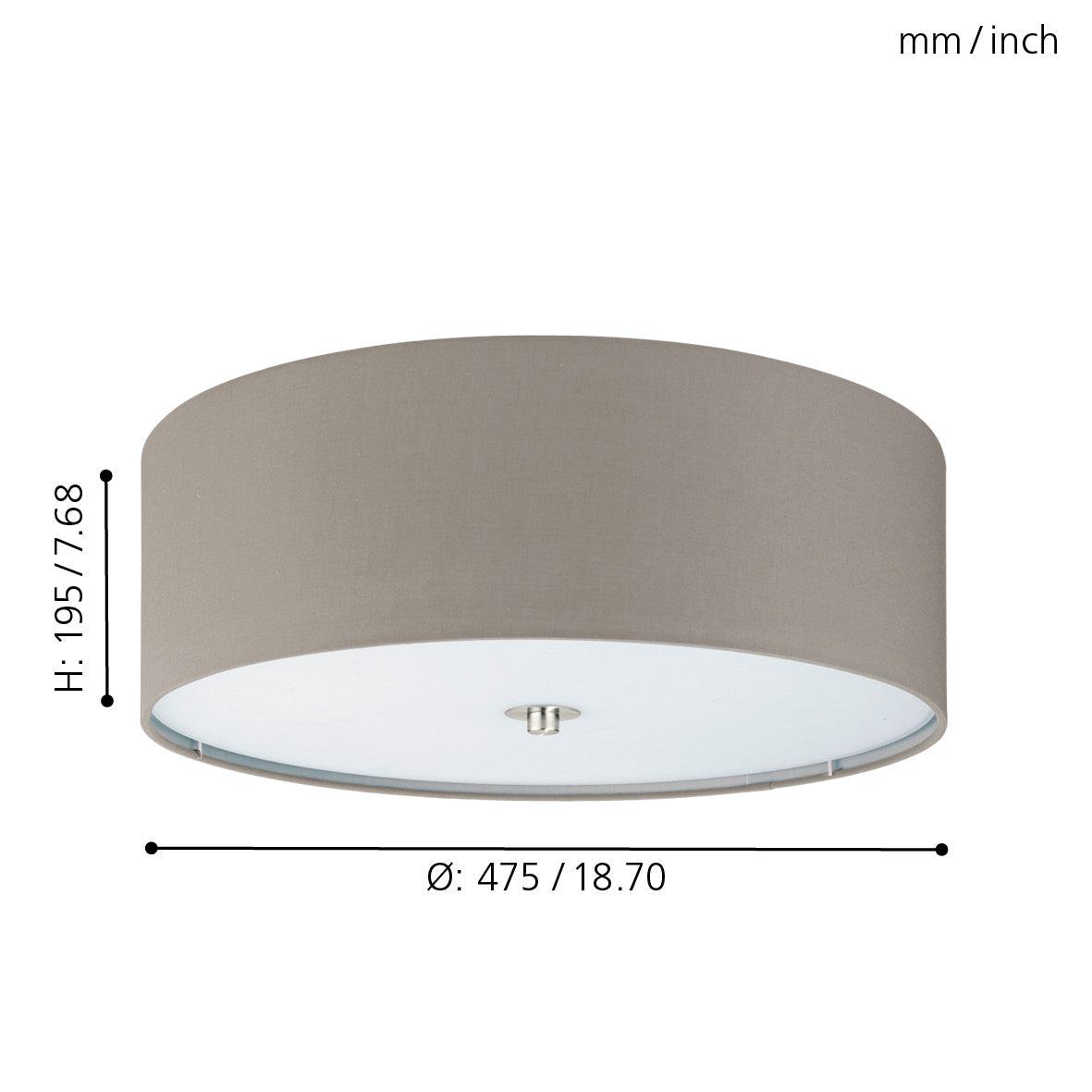 eglo pasteri flush 47 5cm taupe fabric drum shade with glass diffuser living room close up