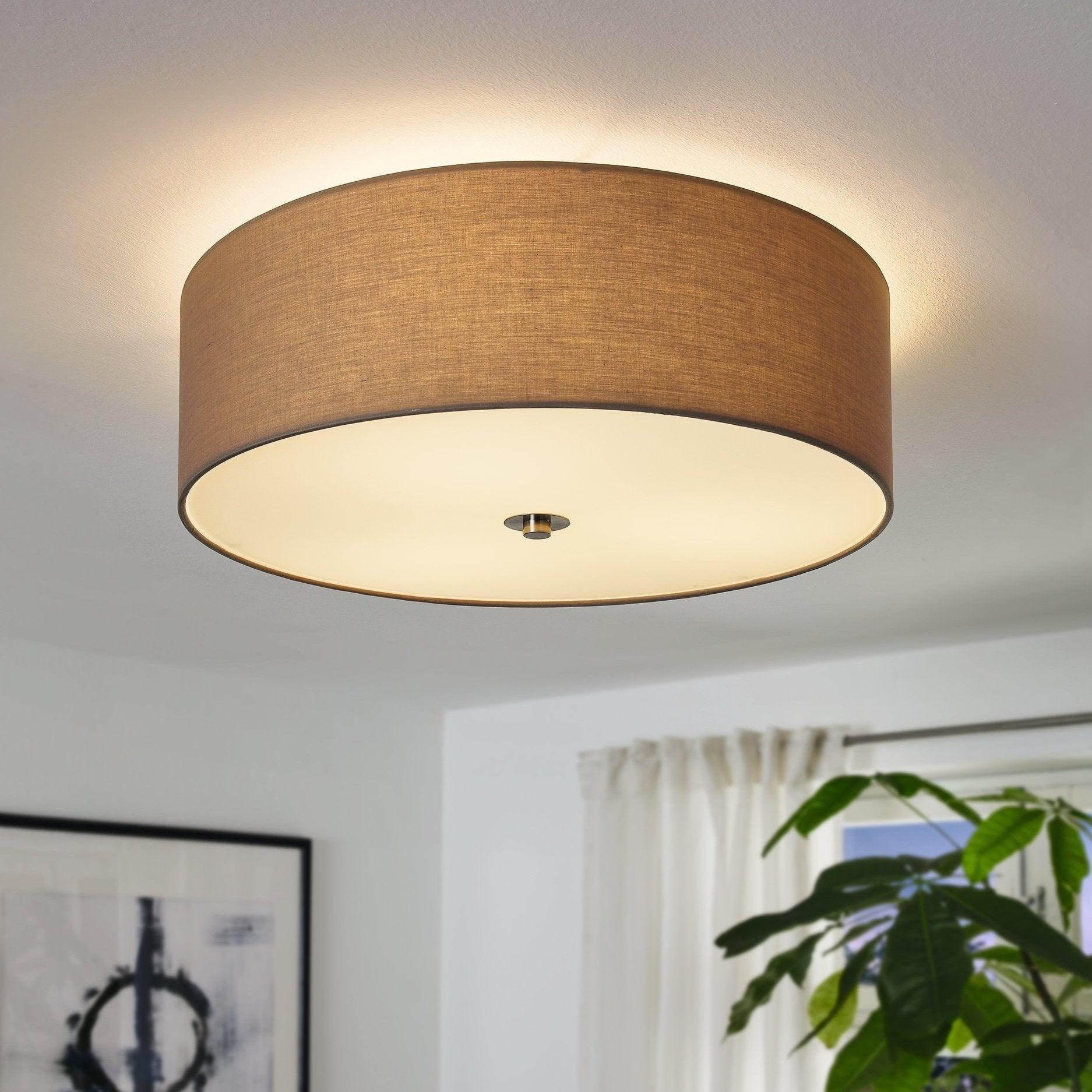 eglo pasteri flush 47 5cm taupe fabric drum shade with glass diffuser