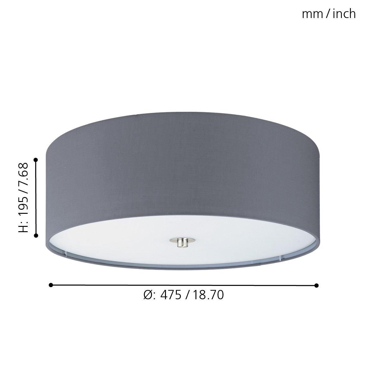 eglo pasteri flush 47 5cm grey fabric drum shade with glass diffuser living room close up