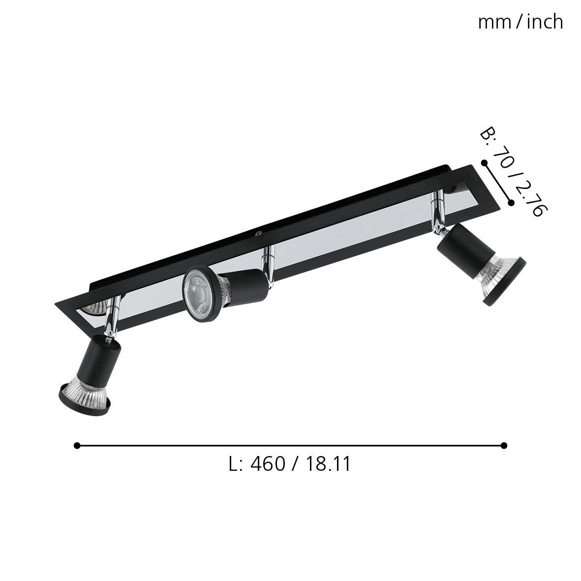 eglo sarria black chrome 3 light bar spotlight living room close up