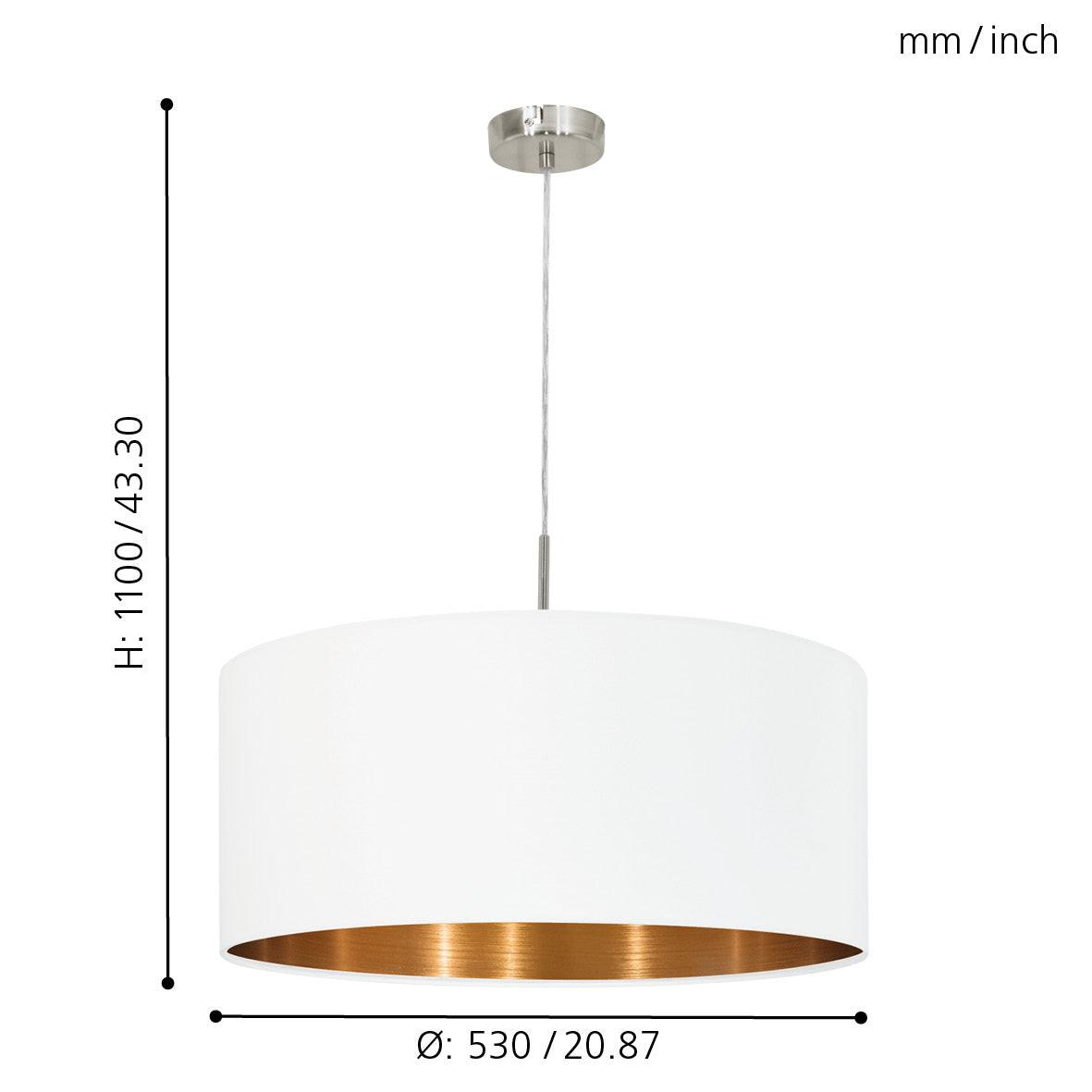 eglo pasteri white fabric copper ceiling pendant 53cm living room close up