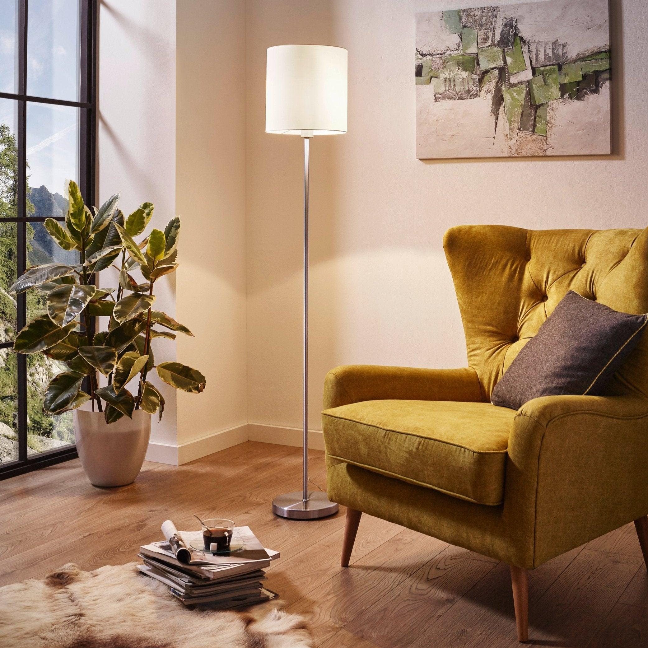 eglo pasteri nickel floor lamp with white fabric shade living room close up
