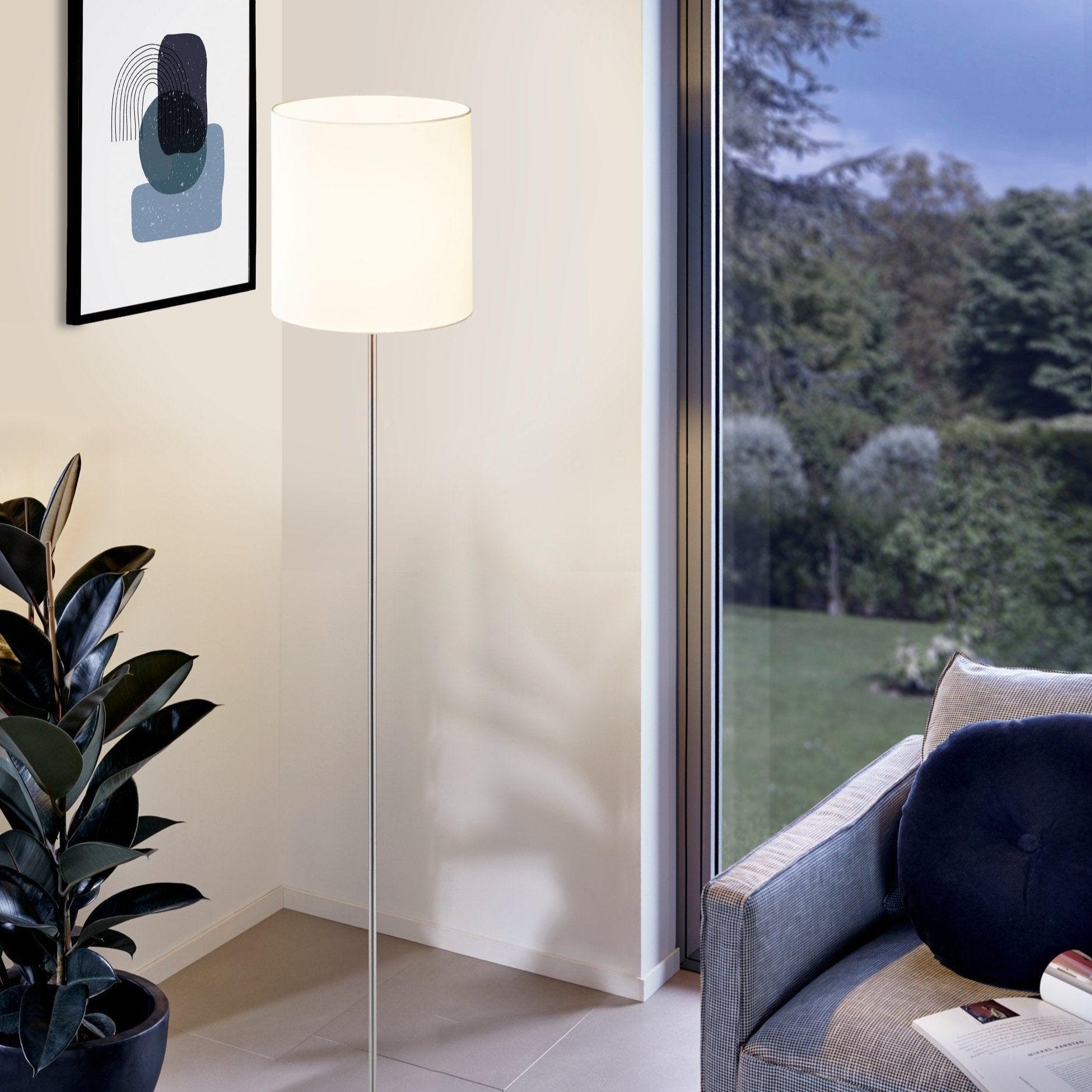 eglo pasteri nickel floor lamp with white fabric shade