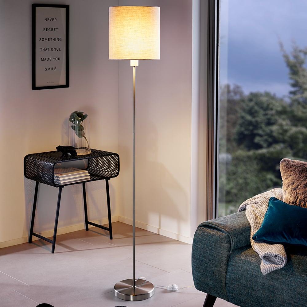 eglo pasteri nickel floor lamp with taupe fabric shade