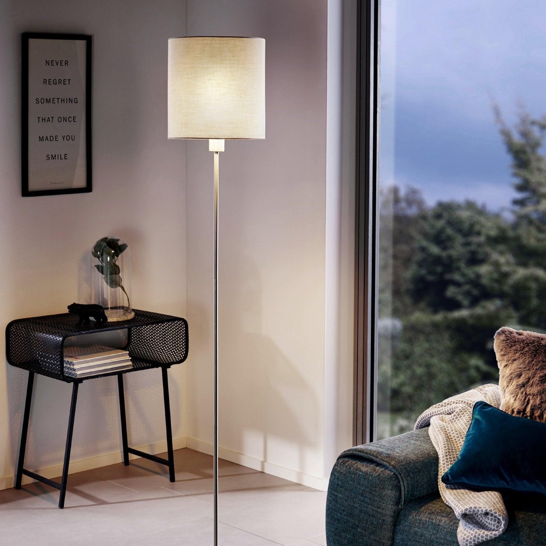 eglo pasteri nickel floor lamp with taupe fabric shade living room image