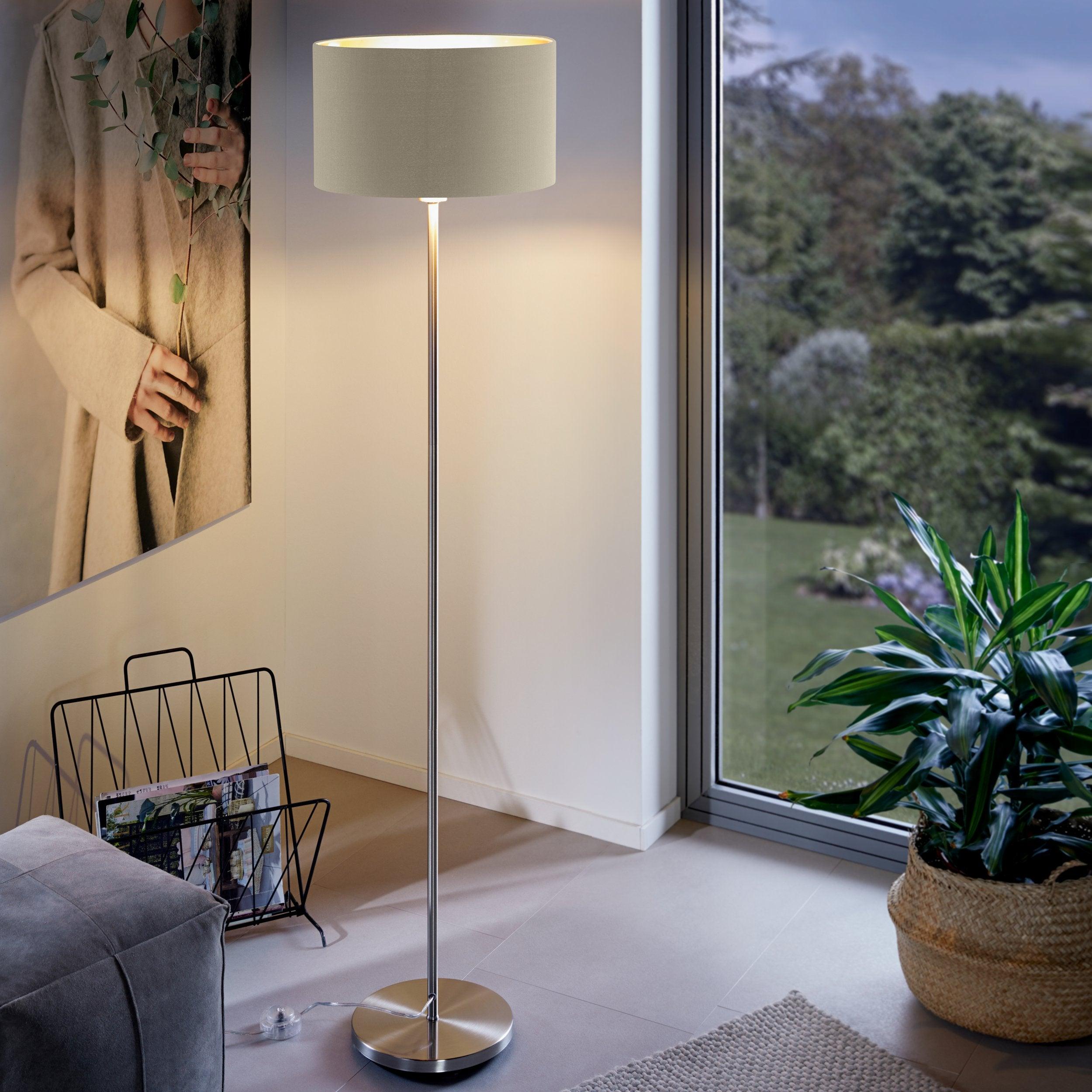 eglo maserlo nickel floor lamp with taupe gold fabric shade