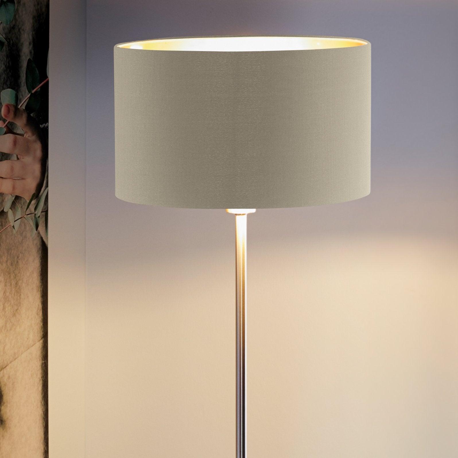 eglo maserlo nickel floor lamp with taupe gold fabric shade living room image