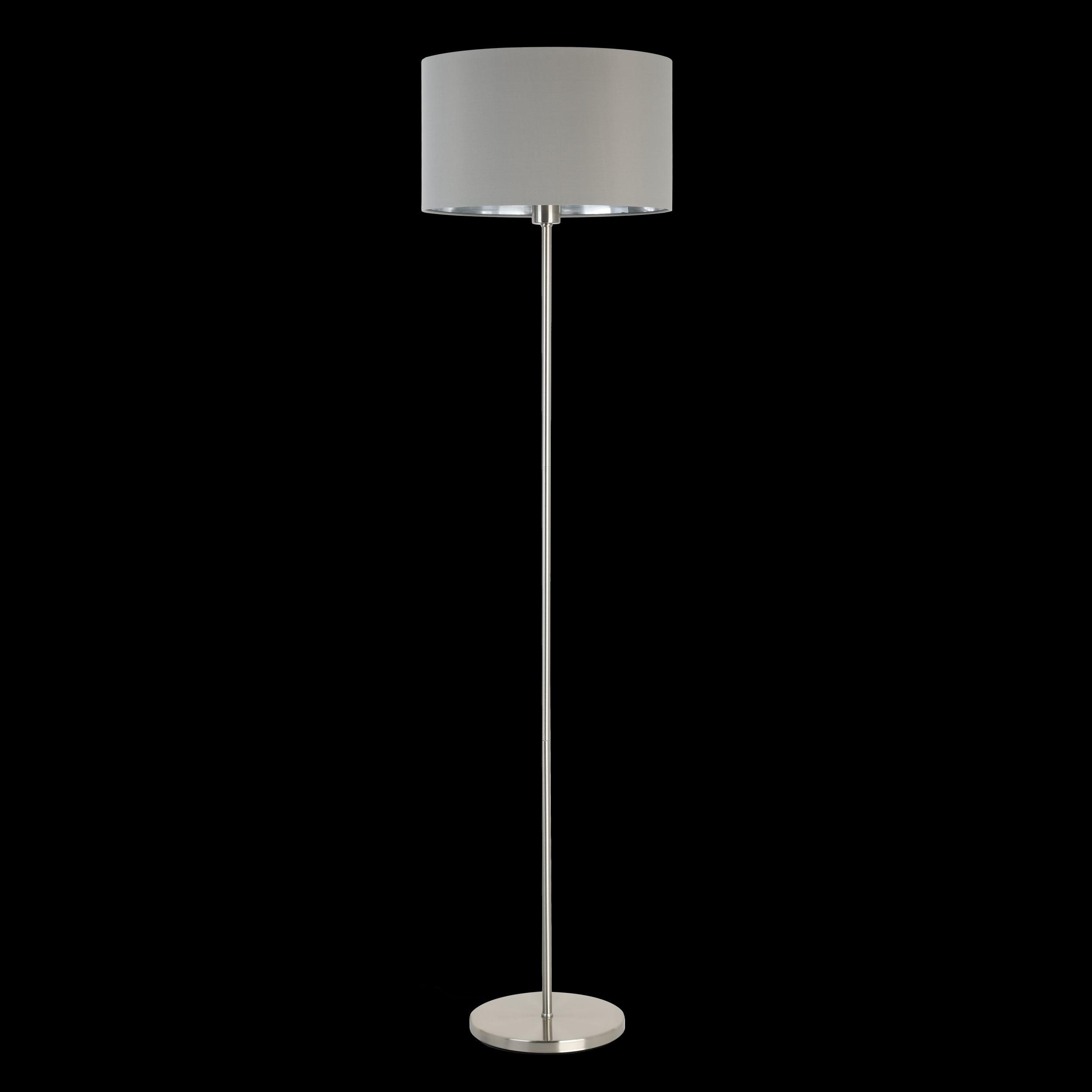 eglo maserlo nickel floor lamp with grey silver fabric shade living room image