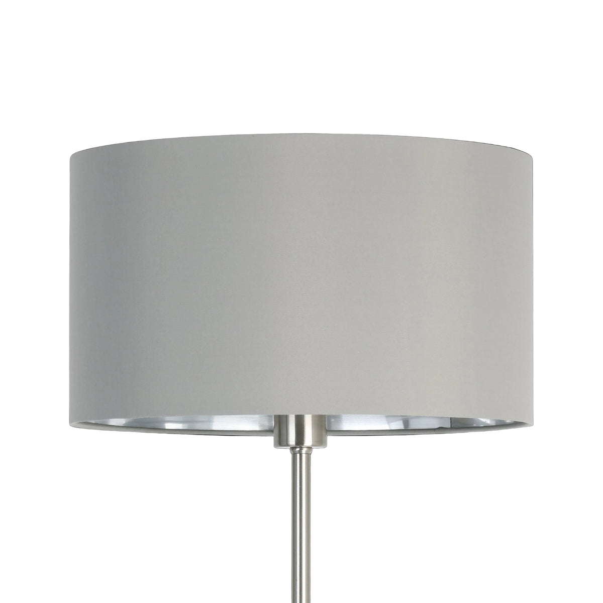 eglo maserlo nickel floor lamp with grey silver fabric shade living room close up