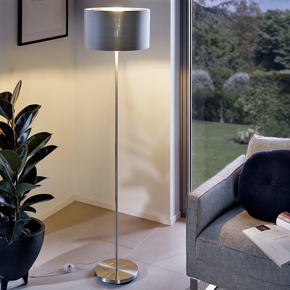 eglo maserlo nickel floor lamp with grey silver fabric shade