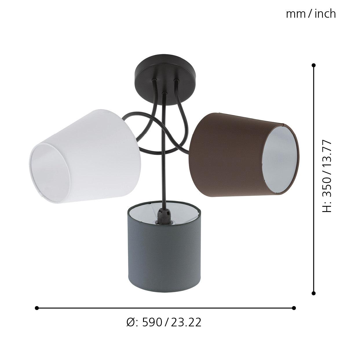 eglo almeida 3 light semi flush grey white brown shades living room close up