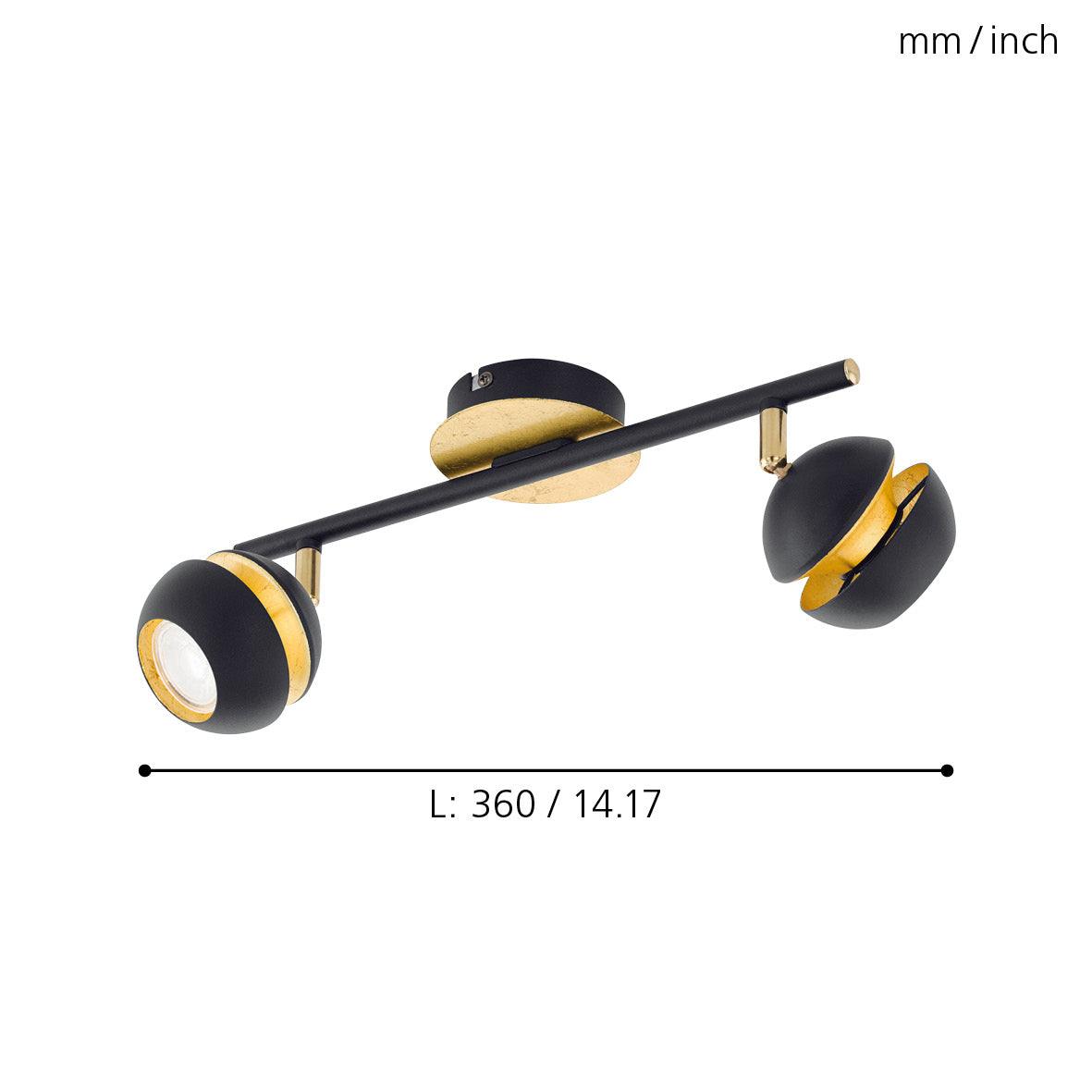 eglo nocito gold black 2 light bar spotlight living room close up