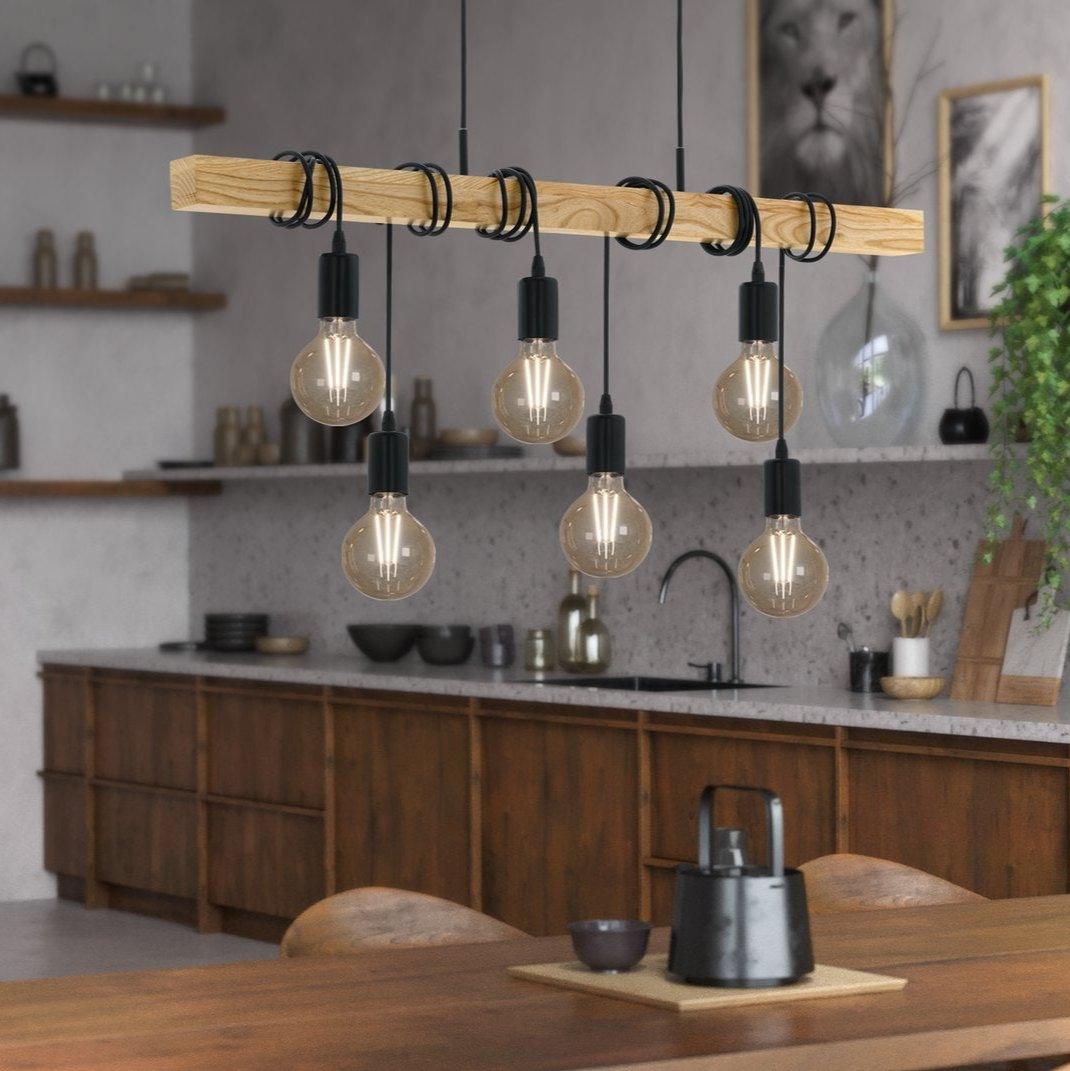 eglo townshend 6 light wooden beam ceiling pendant living room close up