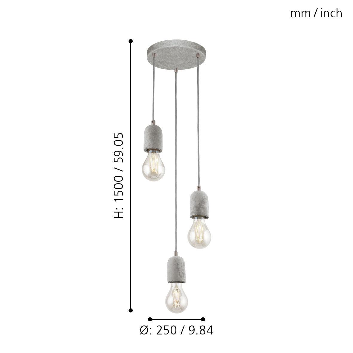 eglo silvares 3 light concrete holder clear cable ceiling pendant living room close up