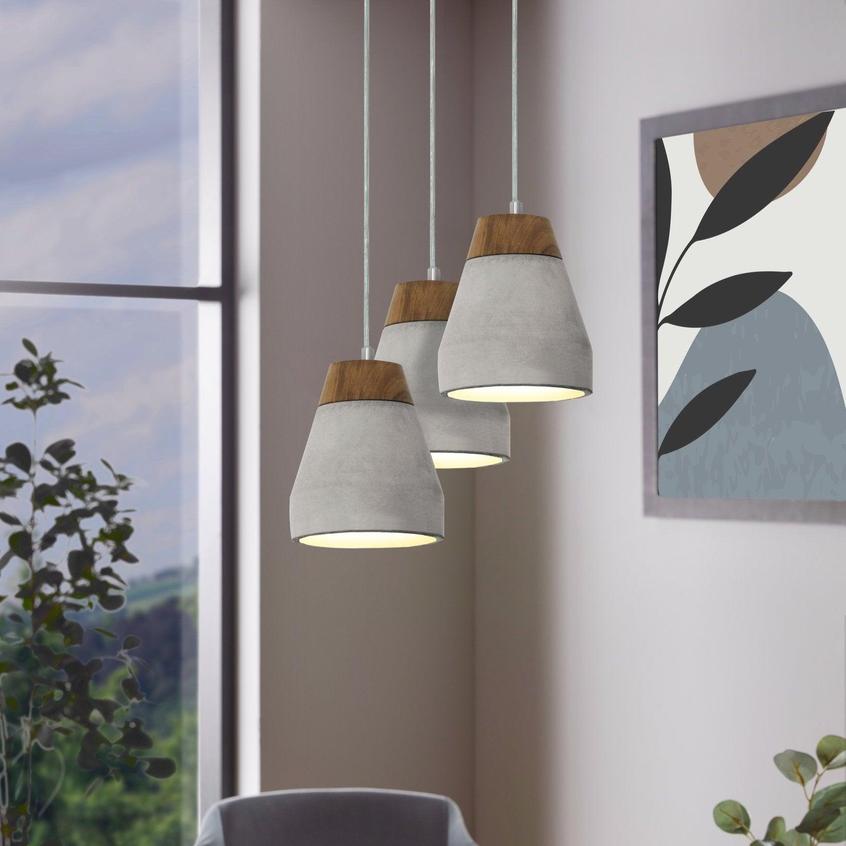 eglo tarega concrete wood 3 light lampshade ceiling pendant living room image