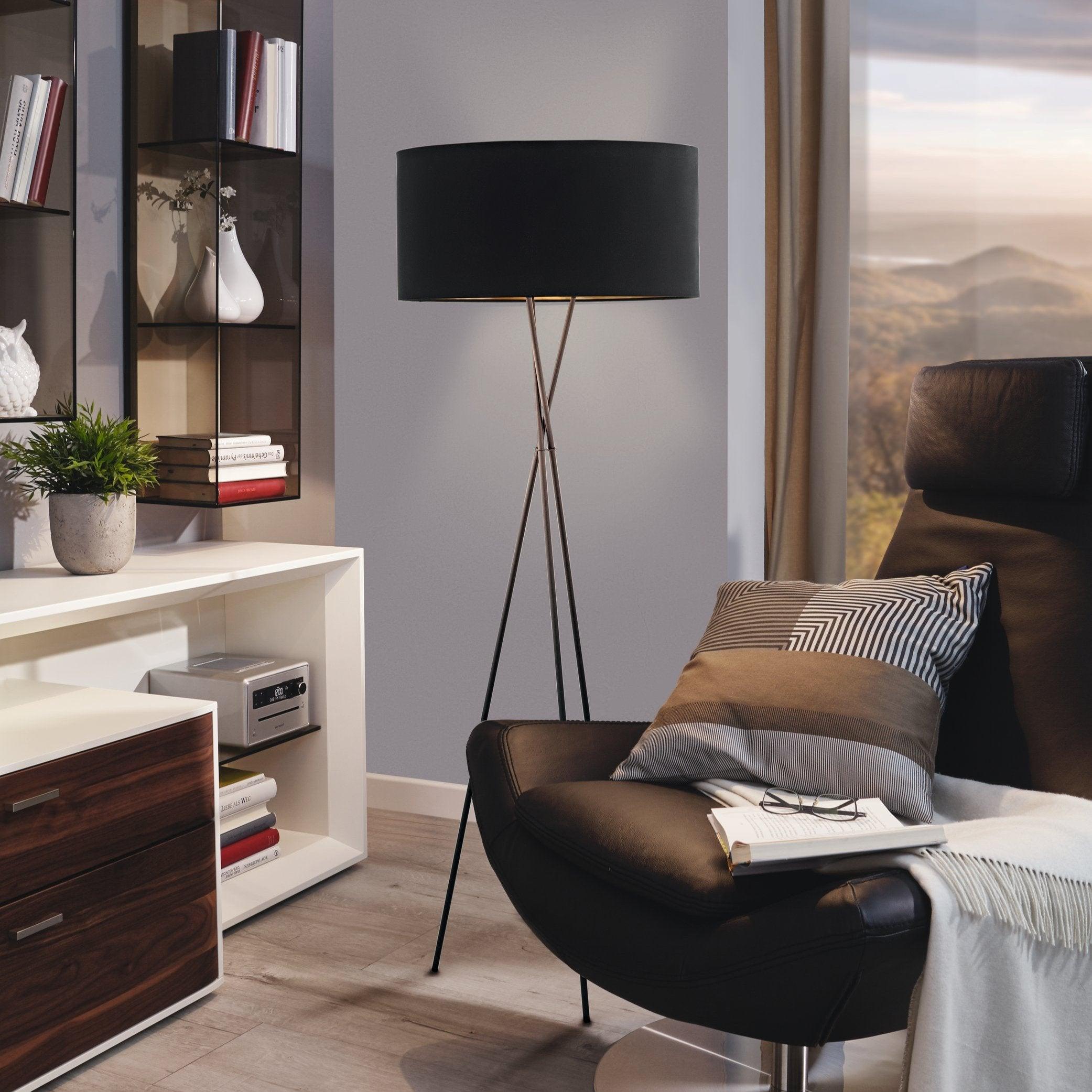 eglo fondachelli black tripod floor lamp fabric black copper shade