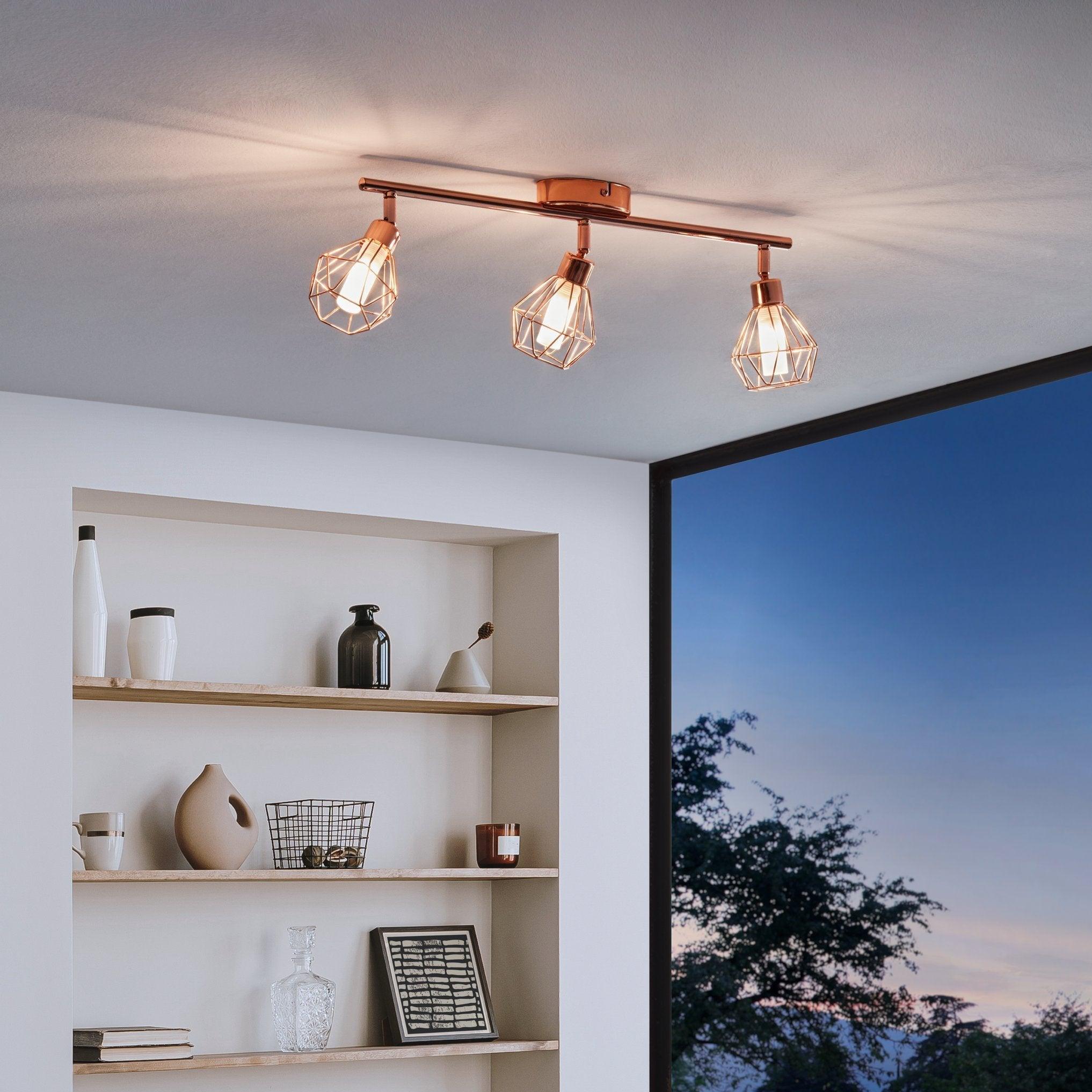 eglo zapata copper wire caged 3 light bar spotlight living room close up