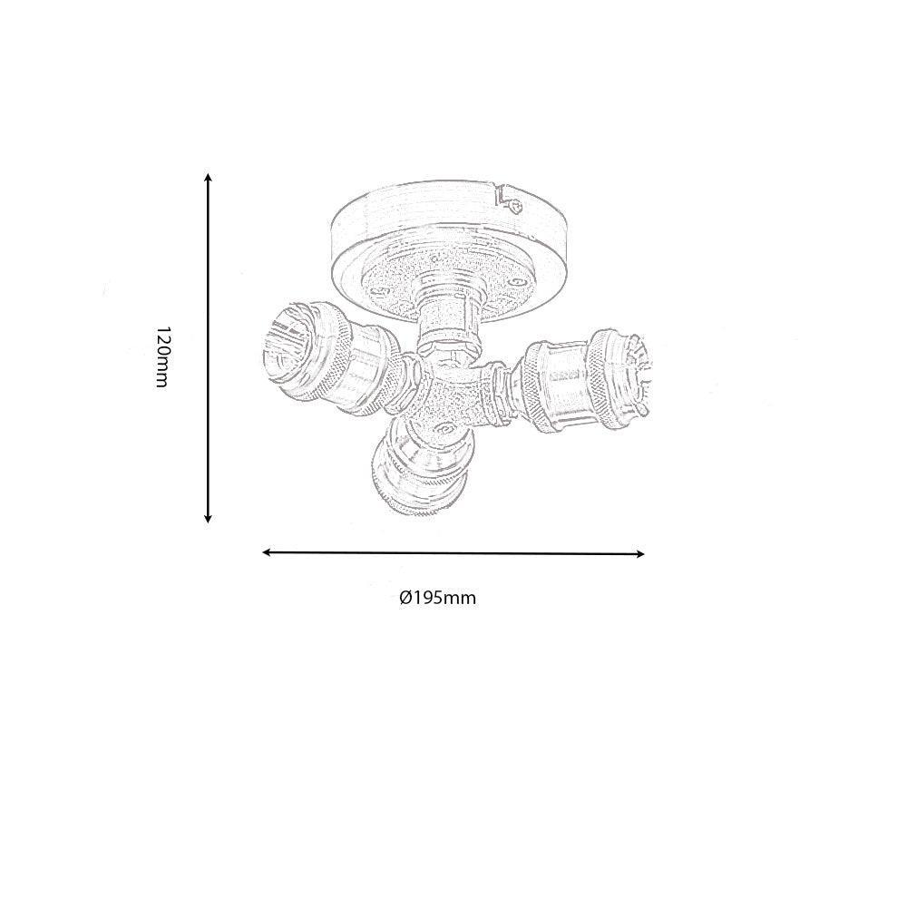 Oaks Iron 3 Light Antique Brass Flush hallway Ceiling Light close up