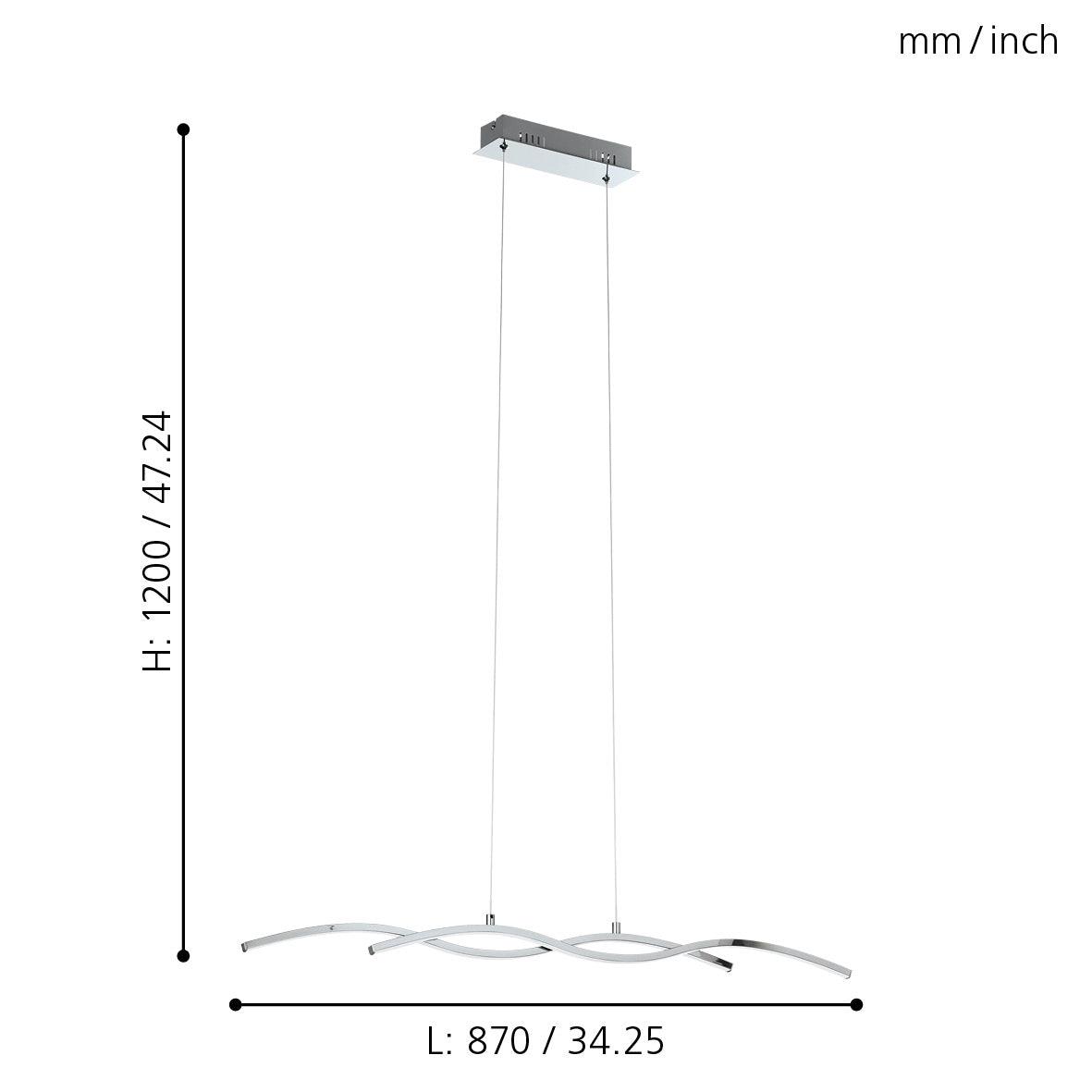 eglo lasana 2 led chrome curved ceiling pendant 87cm kitchen lighting