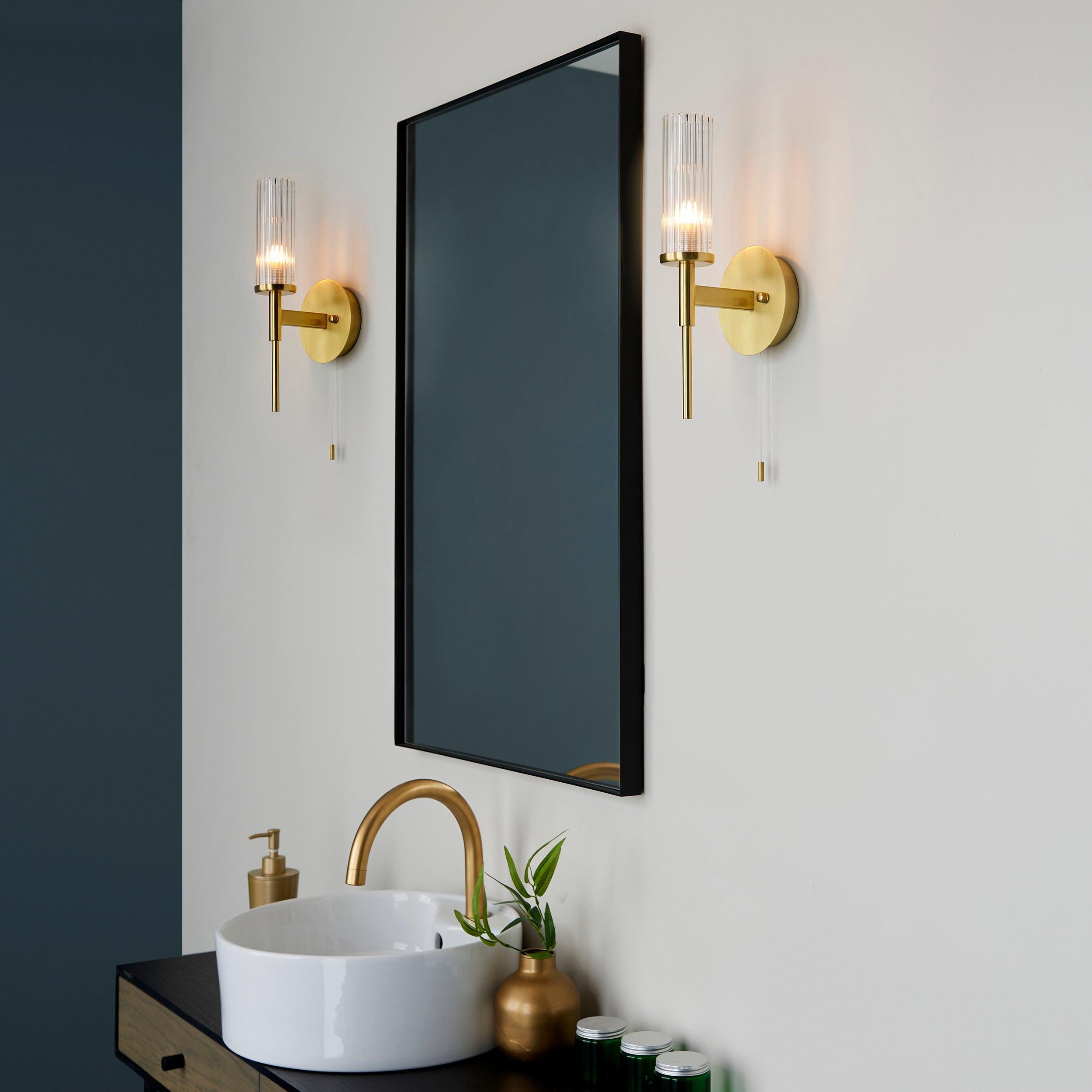 Talo Brass & Ribbed Cylinder Glass Shaded Bathroom Wall Light-WAREHOUSE-40-290626