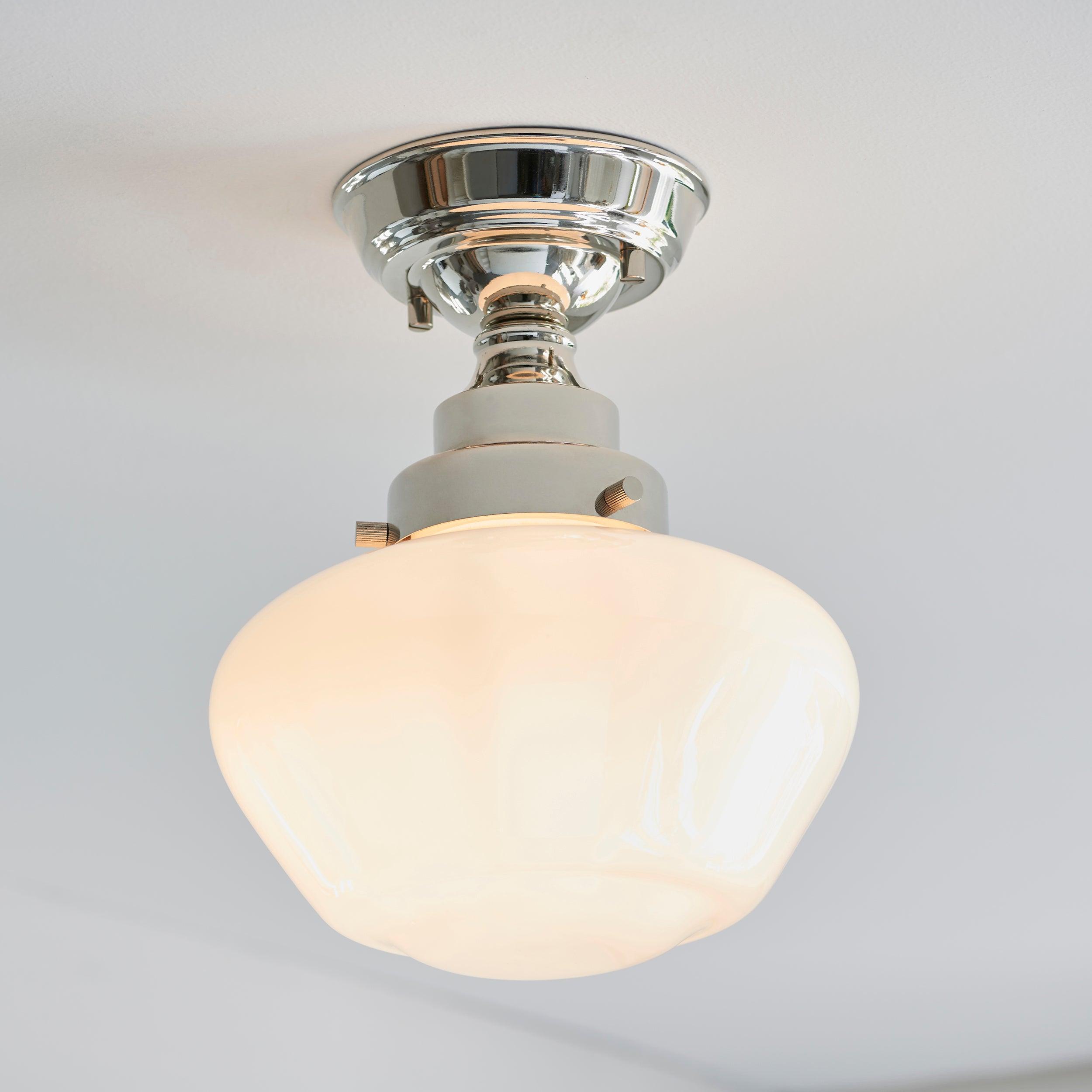 camberley semi flush school house chrome pendant with opal glass by Endon Lighting Living Room Close Up 30