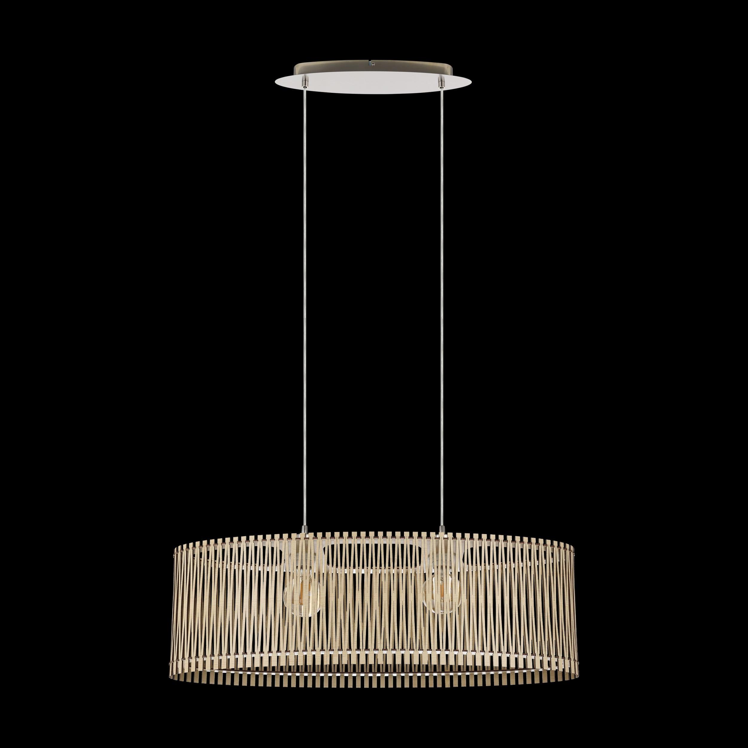 eglo sendero oval 2 light wooden slat lampshade ceiling pendant living room close up