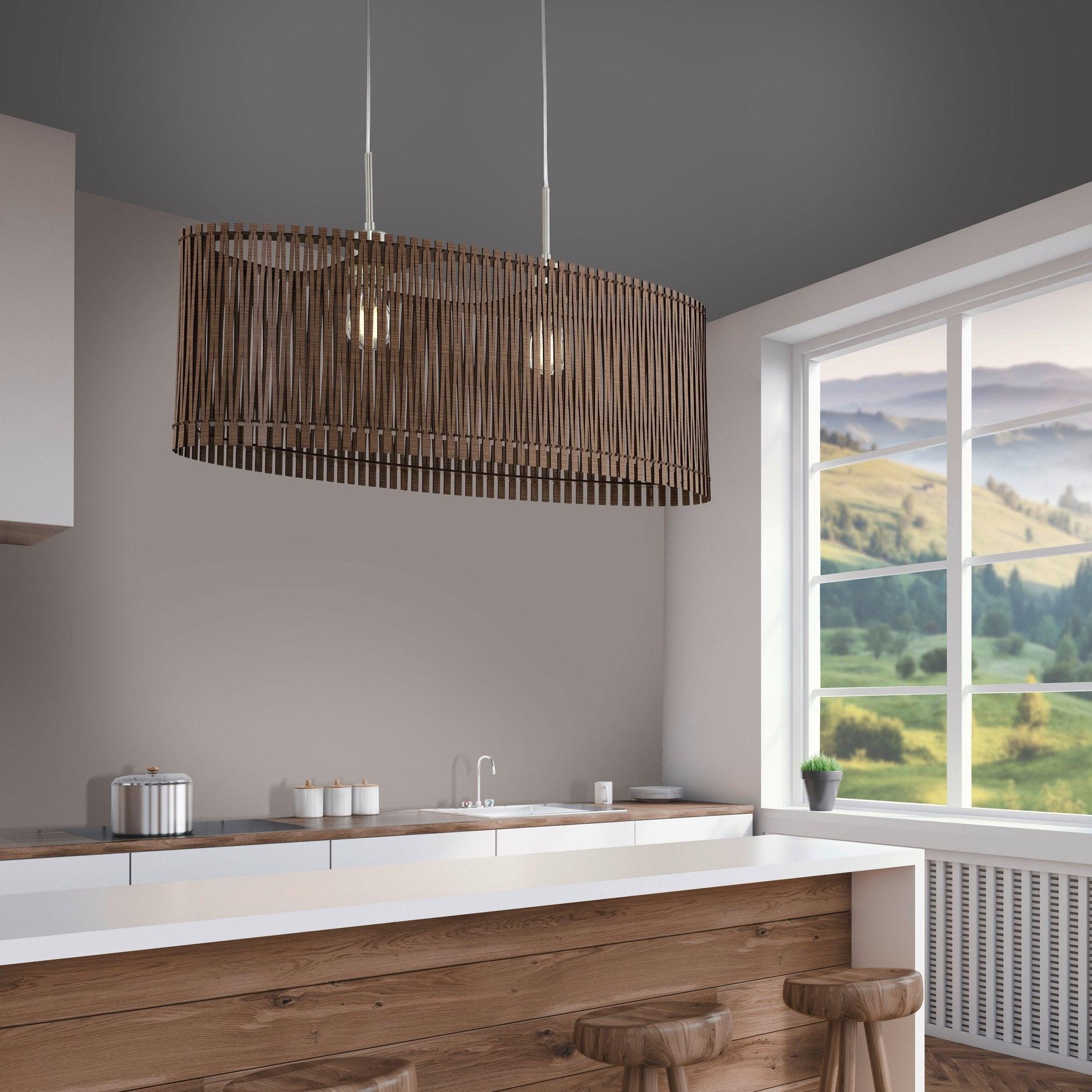 eglo sendero oval 2 light brown wooden slat lampshade pendant living room image