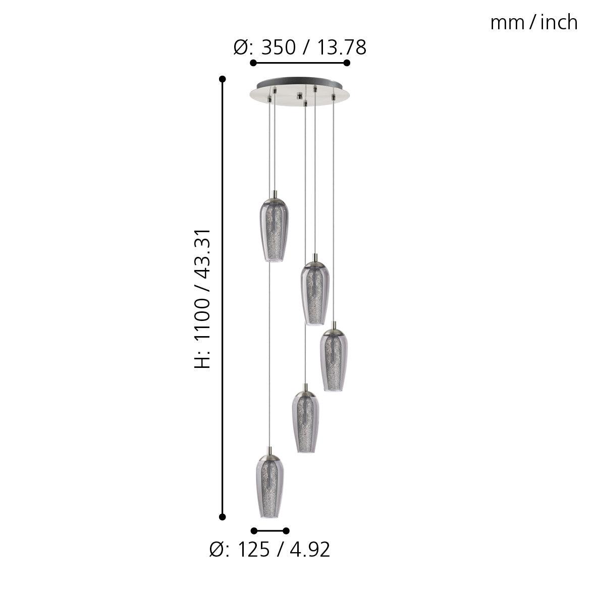 eglo farsala 5 light smoked black clear glass ceiling pendant living room close up